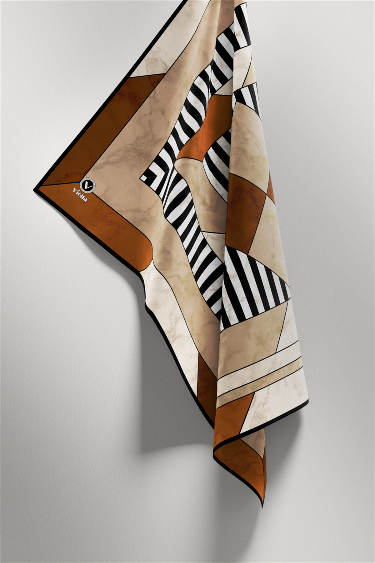 Twill Çizgili Geometrik Mermer Desenli Taba Renkli 90x90 Eşarp (İpek İçermez) Kenar Dikiş Şekli El Dikişli
