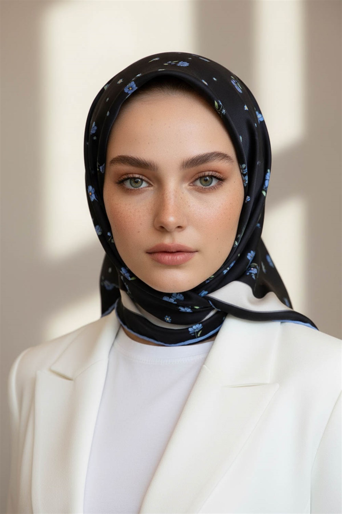 100% Twill İpek Bordürlü Çıtır Çiçek Desenli Siyah - İndigo Renkli 90x90 Dikim Şekli : El Dikişi Eşarp