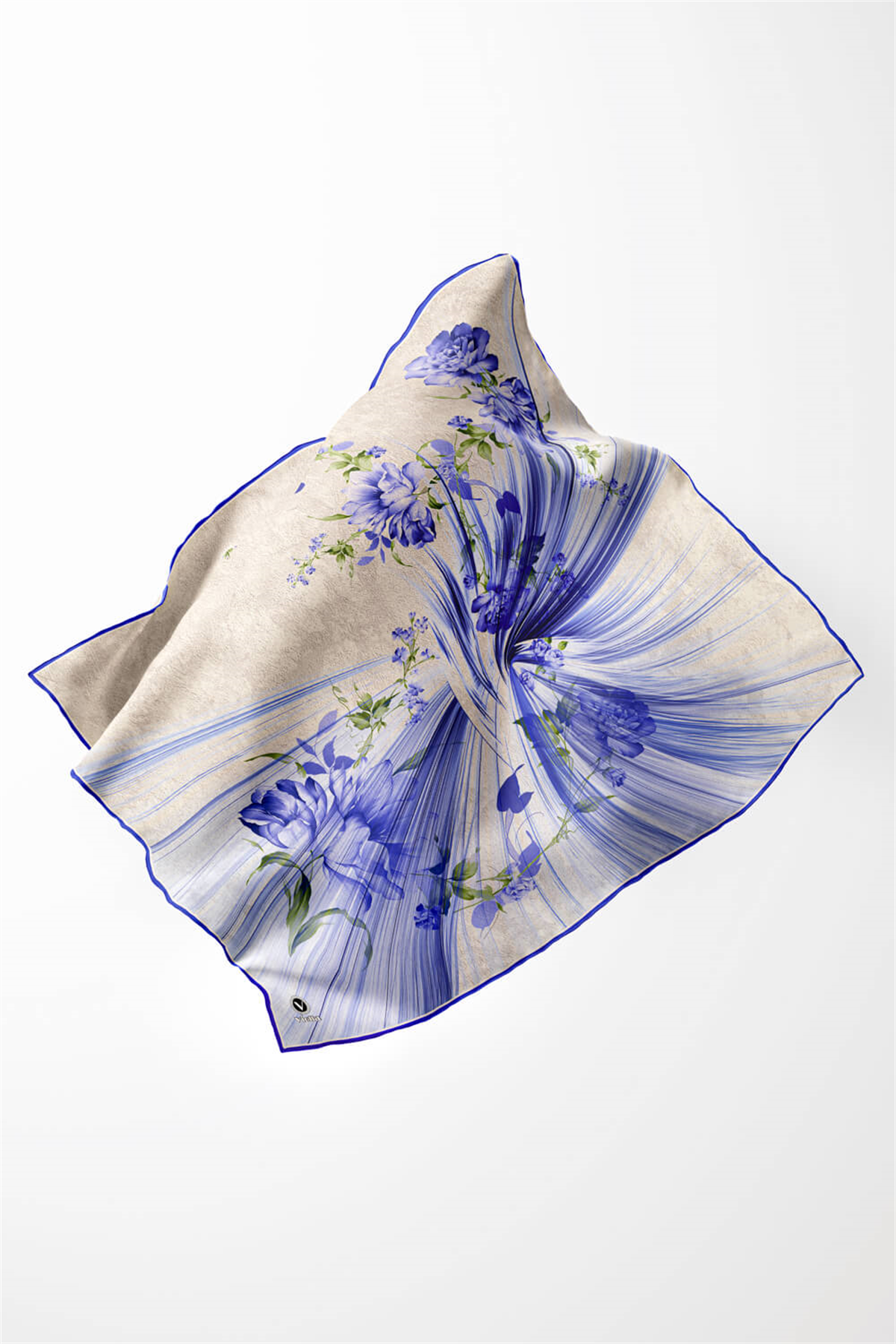 Twill Çiçekli Desenli Saks Renkli 90x90 Eşarp (İpek İçermez) Kenar Dikiş Şekli El Dikişli