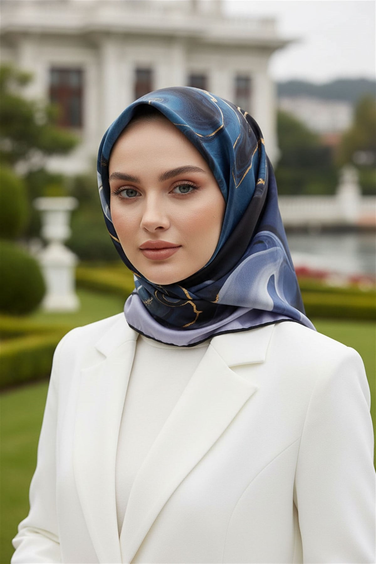 %100 Twill İpek Batik Desenli Saks - Lacivert Renkli 90x90 Eşarp Dikim Şekli : El Dikişi