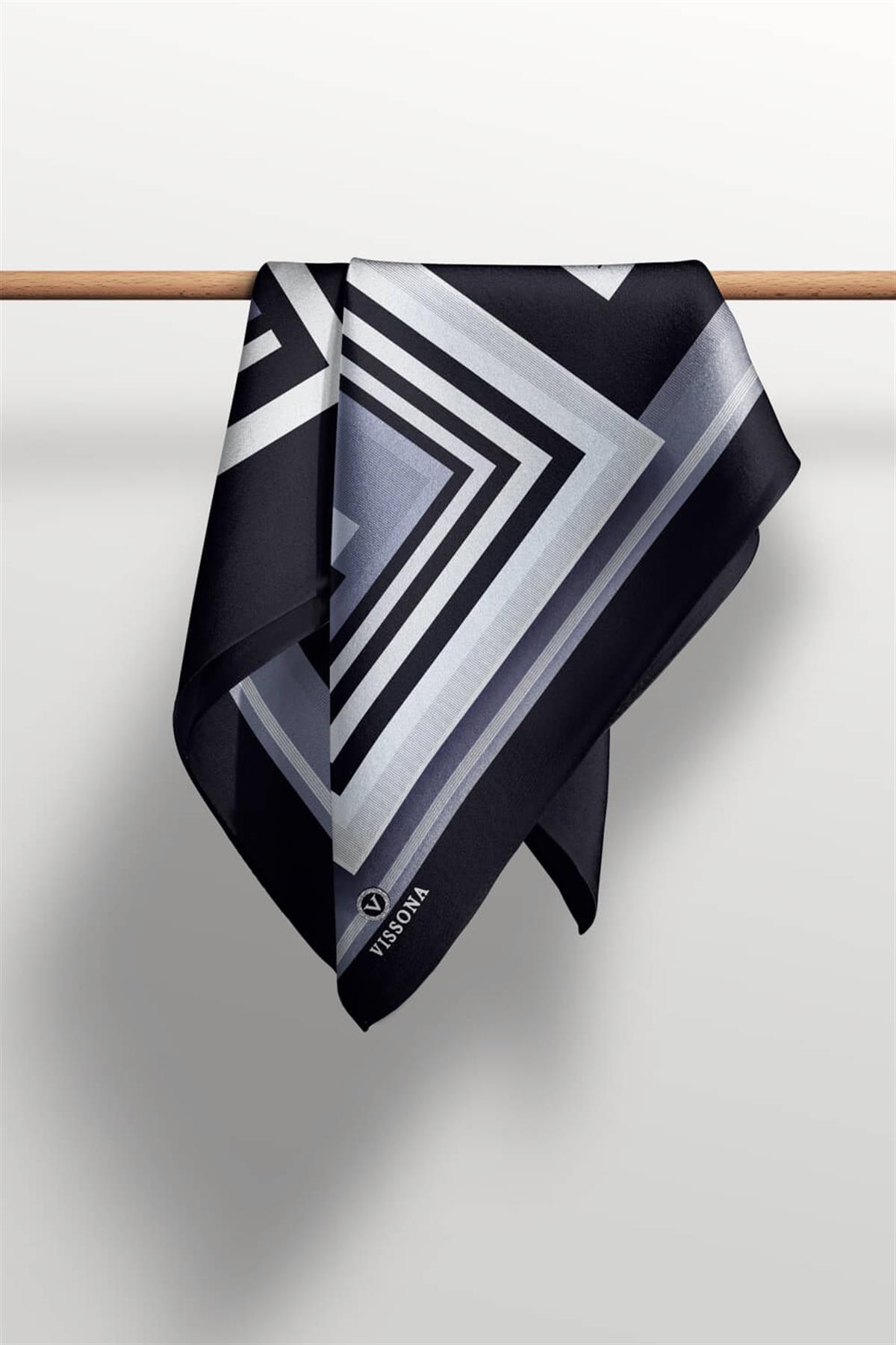 %100 Twill İpek Kare Desenli Siyah - Gri Renkli 90x90 Eşarp Kenar Dikiş Şekli El Dikişli