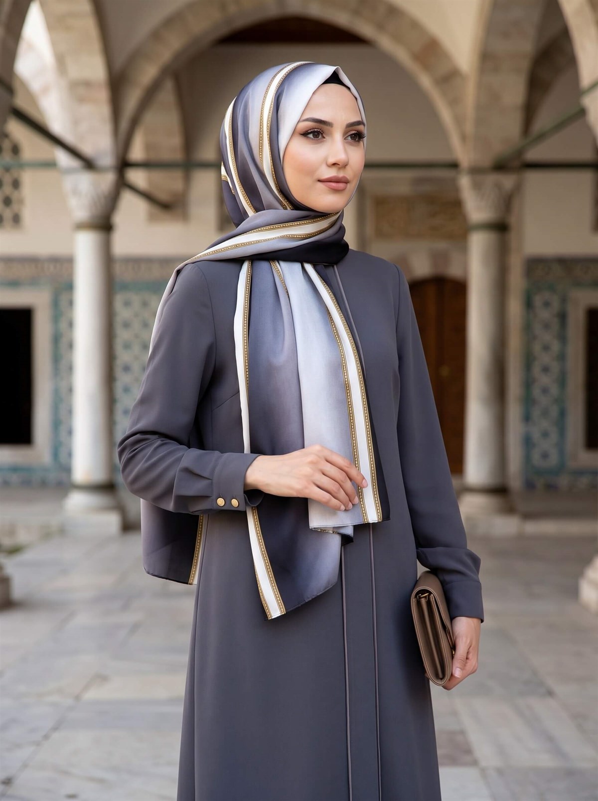%100 Saf İpek Şal İnce Saten Vual Dokuma Şerit Desenli Siyah - Gümüş Renkli 90x210 Şal