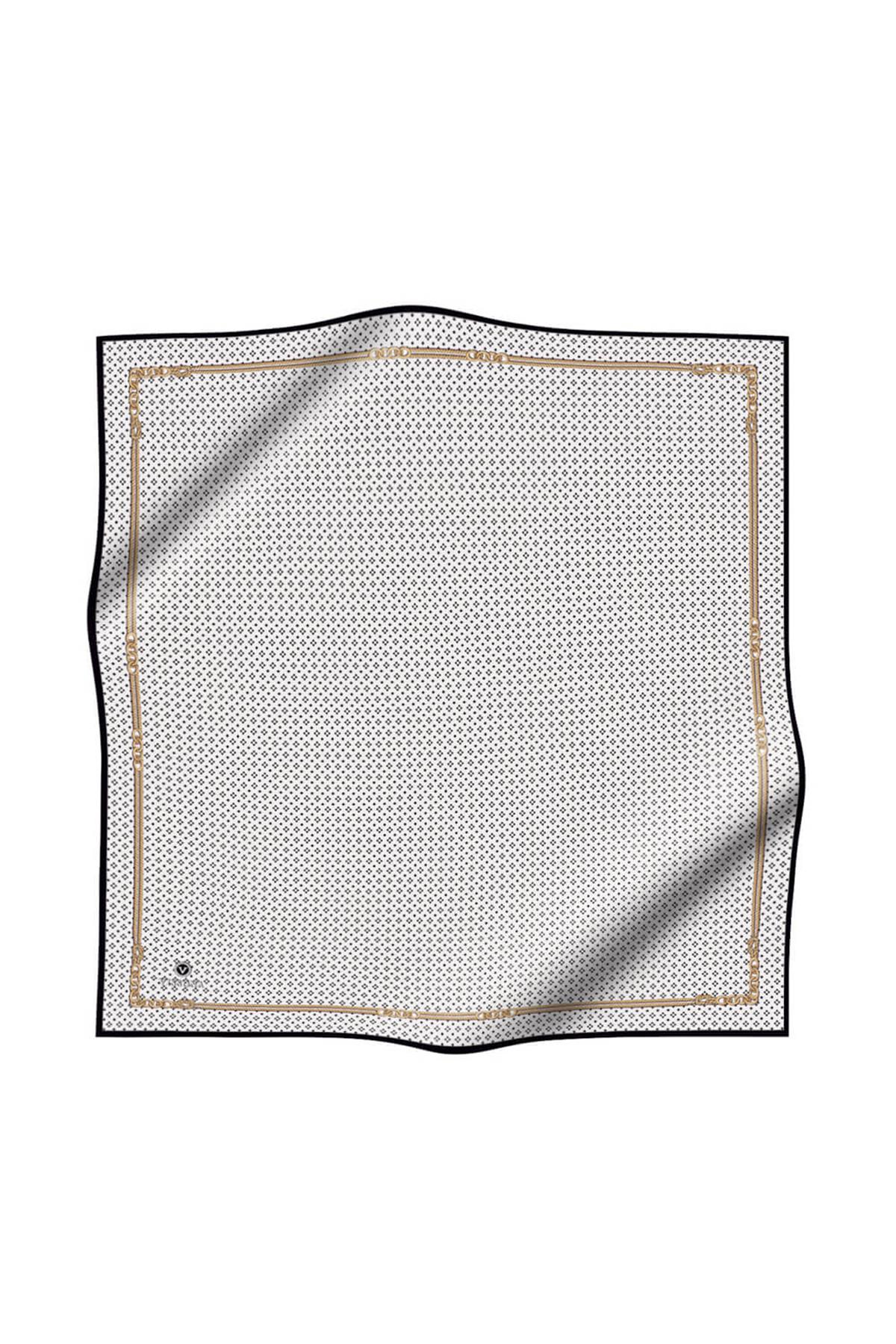 %100 Twill İpek Zincir Desenli Krem - Siyah Renkli 90x90 Eşarp Dikim Şekli : El Dikişi