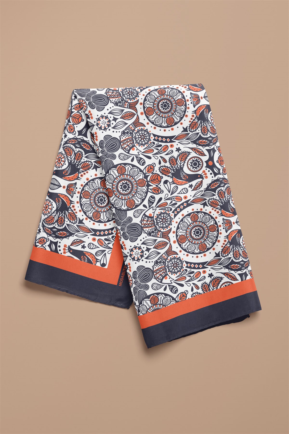 Violla Kadın Turuncu Tavuskuşu  Desenli 50x50 Bandana  DG0633-22