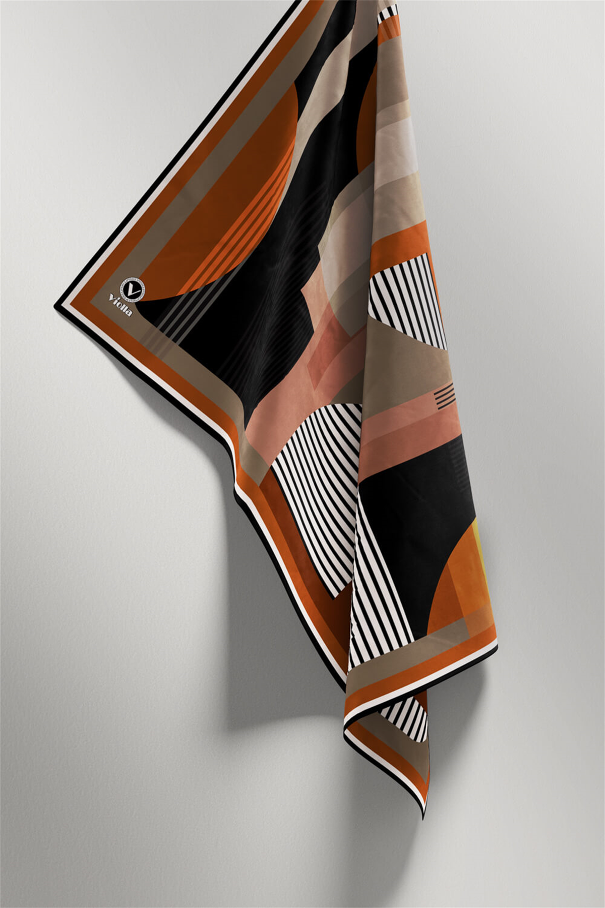 Twill Çizgili Ve Geometrik Desenli Taba Renkli 90x90 Eşarp (İpek İçermez) Kenar Dikiş Şekli El Dikişli