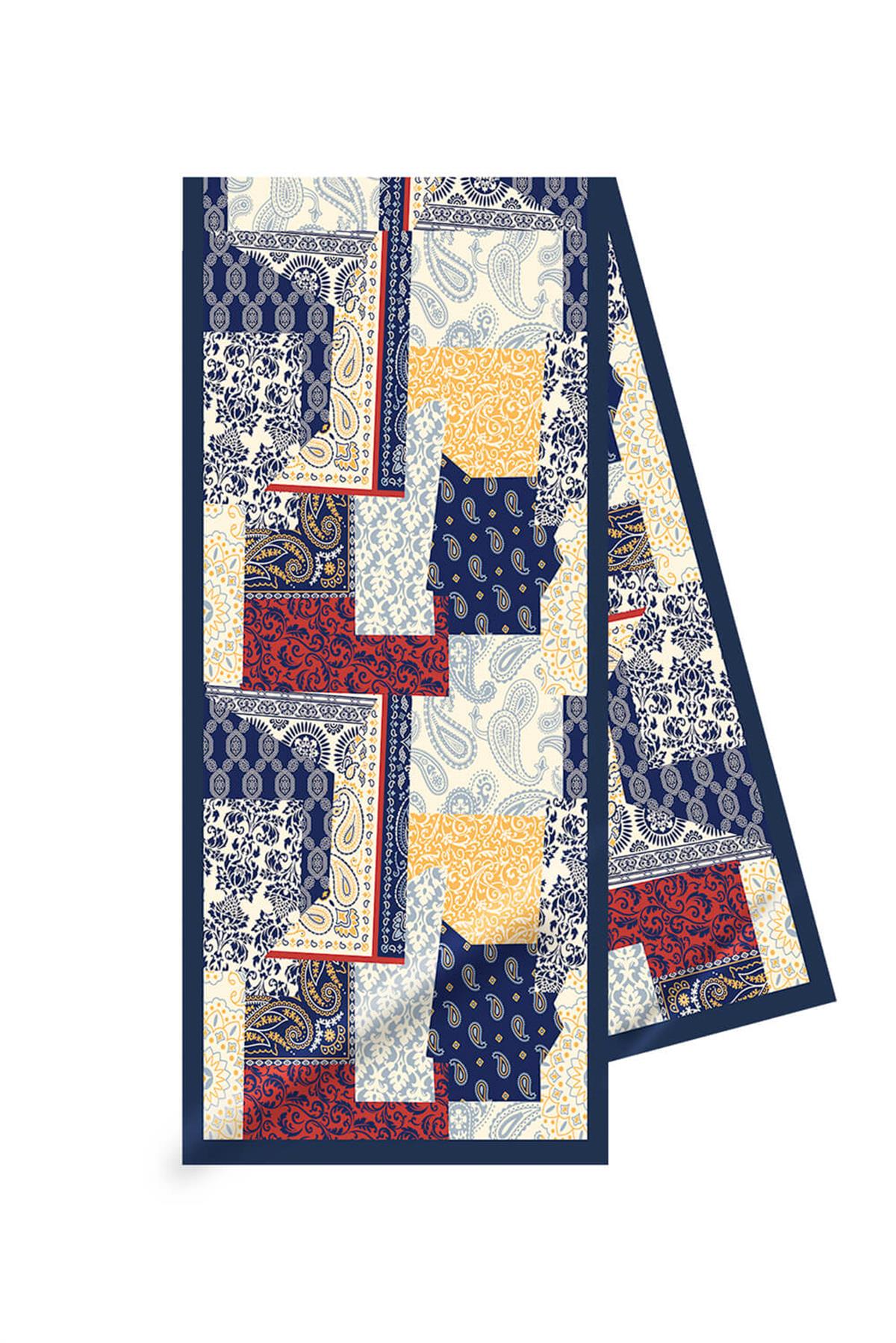 I71 Modabutik Şal Desenli Mavi Kırmızı Fular