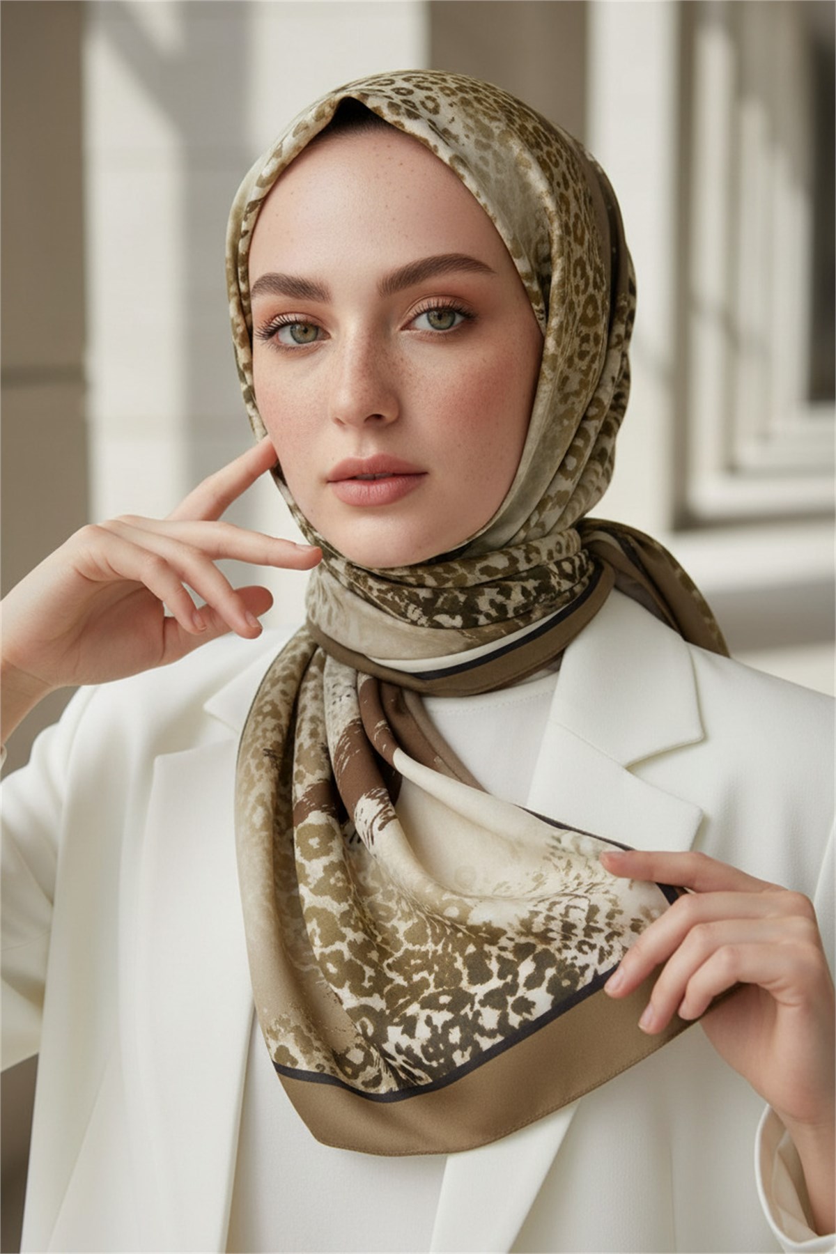 KREP RENKLİ FIRÇA VE LEOPAR DESENLİ VİZON RENKLİ 75X195 KIRIŞMAZ ŞAL