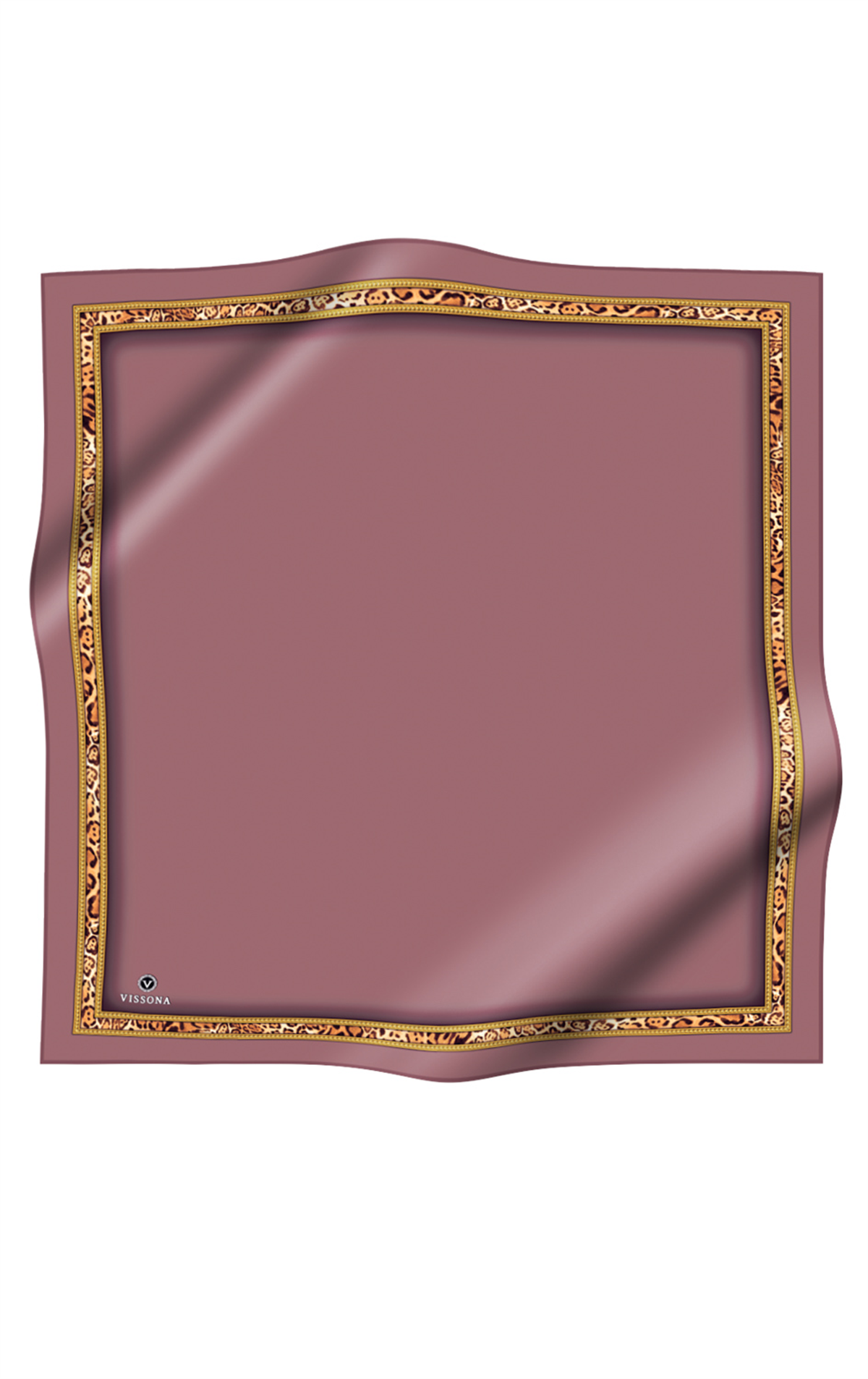 %100 Twill İpek Bordürü Leoparlı Düz Desenli Gül Kurusu - Gold Renkli 90x90 Eşarp Dikim Şekli : El Dikişi