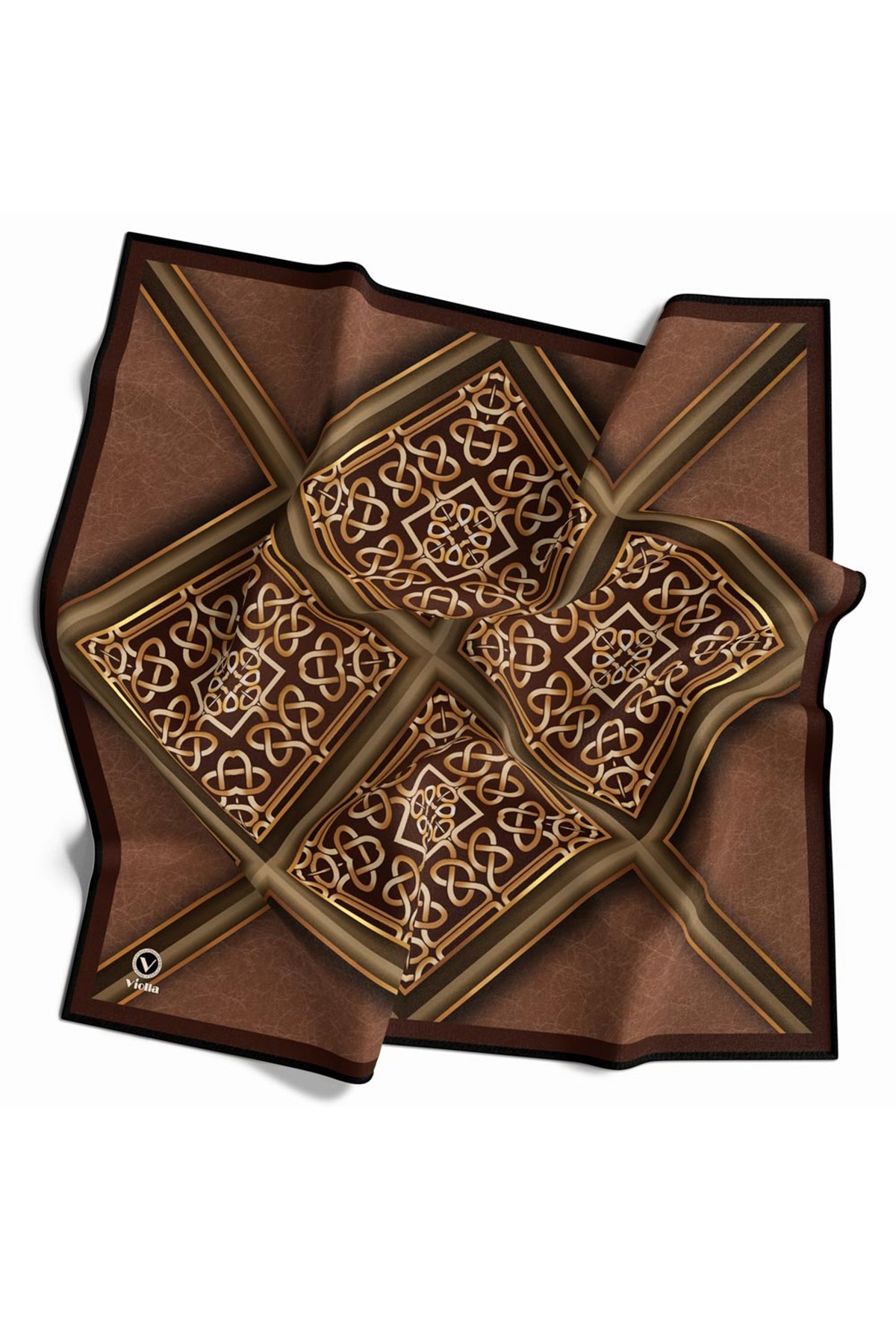 Twill Gold Çerçeveli Barok Desenli Bakır Renkli 90x90 Eşarp (İpek İçermez) Kenar Dikiş Şekli El Dikişli