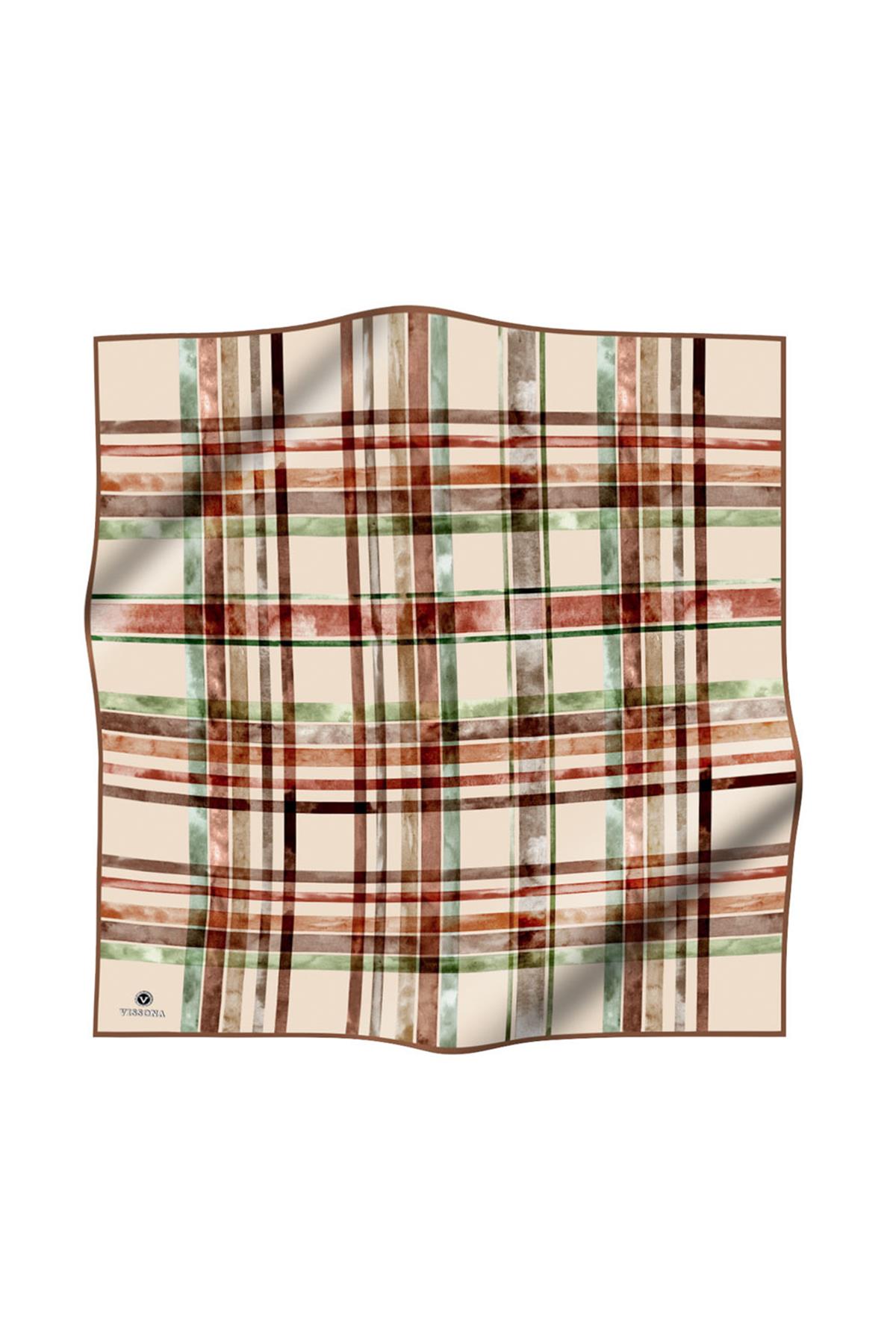 %100 Twill İpek Ekose Desenli Bej - Taba Renkli 90x90 Eşarp Kenar Dikiş Şekli El Dikişli