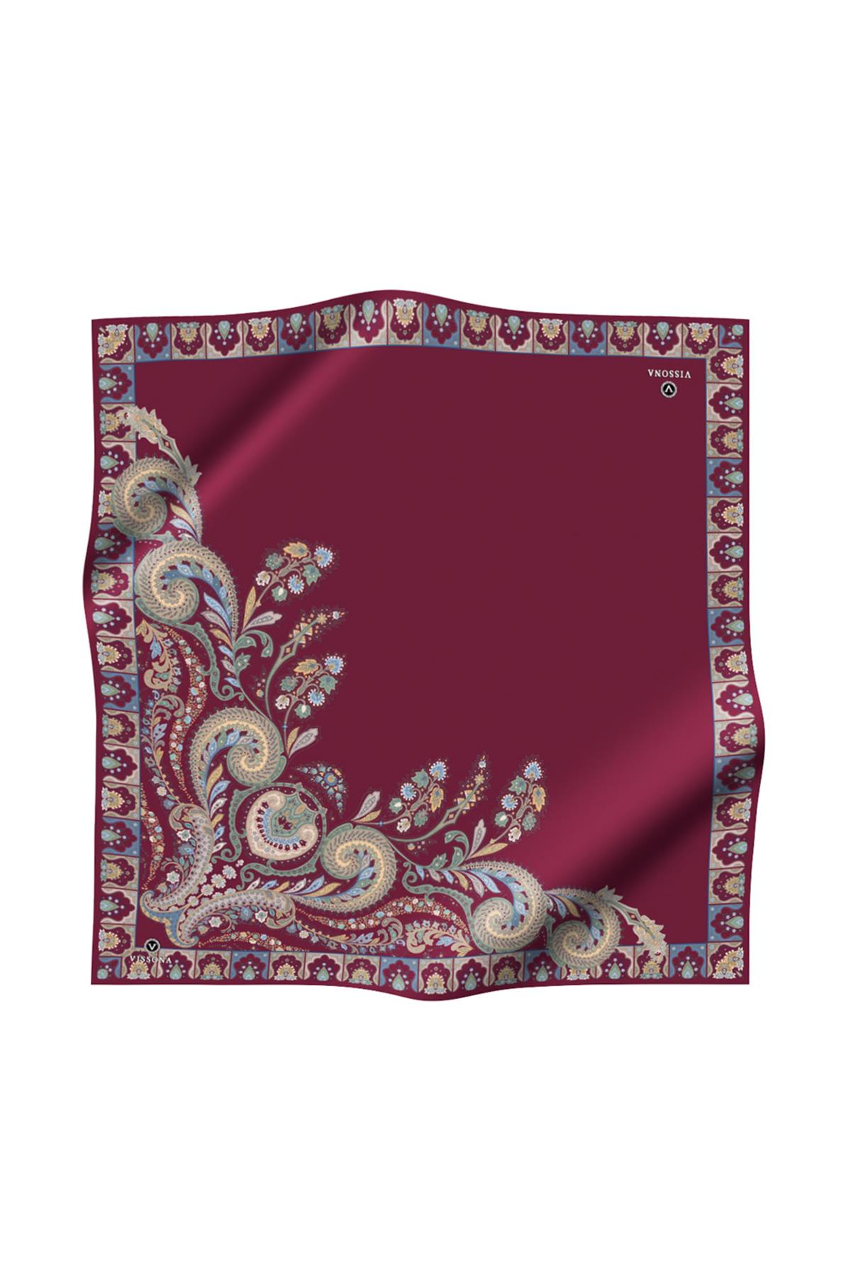 100% Twill İpek Etnik Desenli Bordo Renkli 90x90 Dikim Şekli : El Dikişi Eşarp