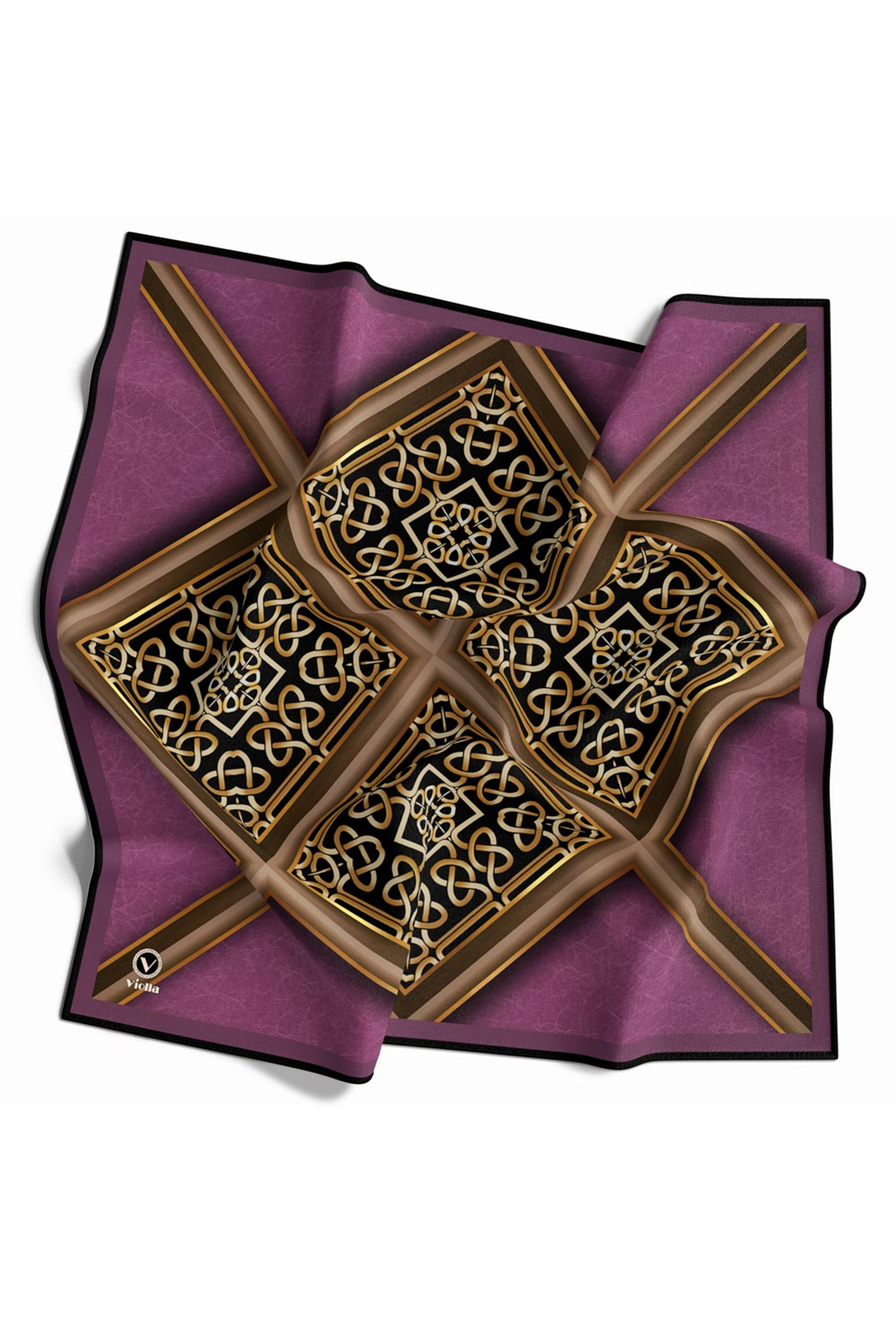 Twill Gold Çerçeveli Barok Desenli Mürdüm Renkli 90x90 Eşarp (İpek İçermez) Kenar Dikiş Şekli El Dikişli