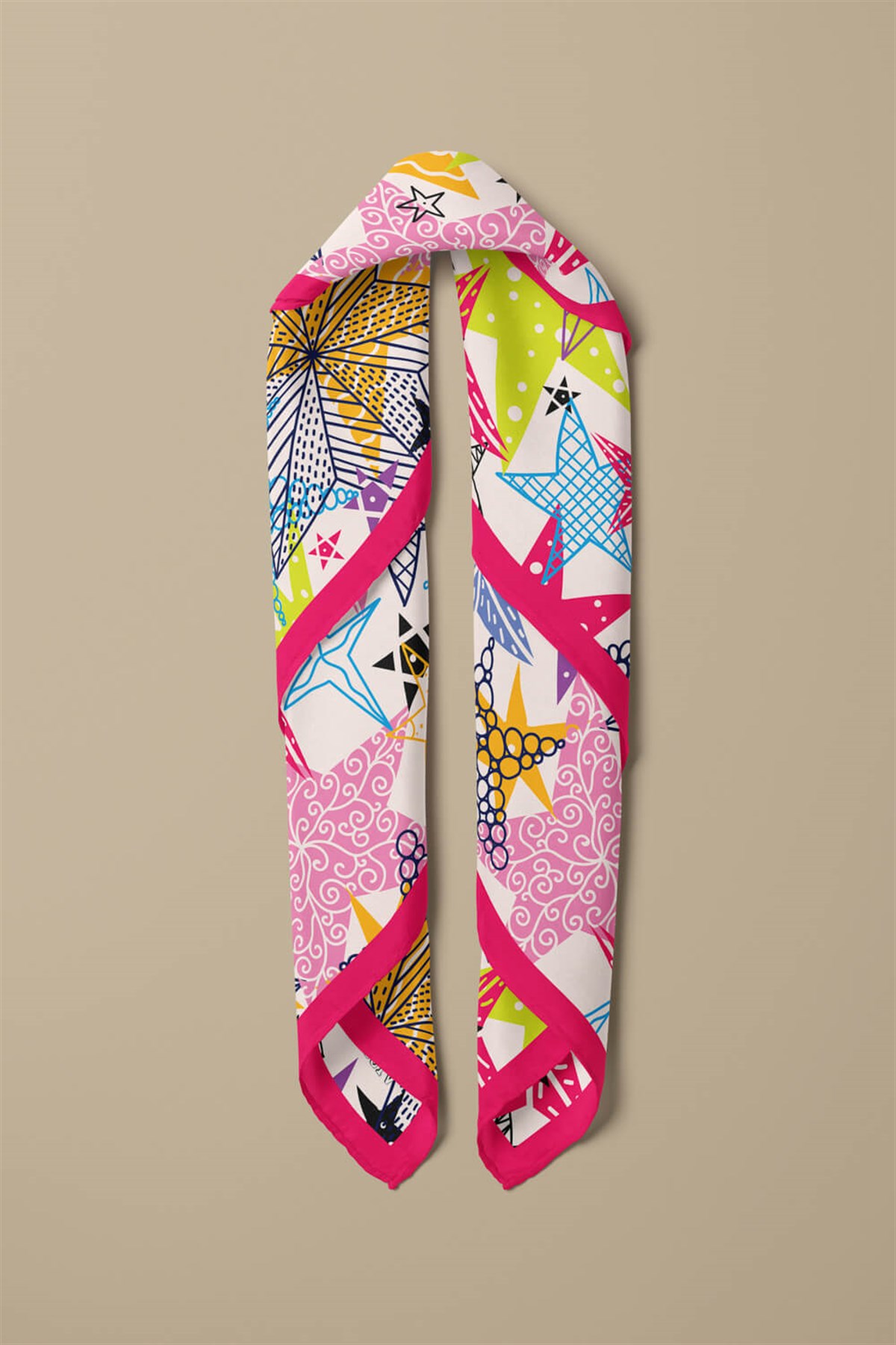 %100 İpek Renkli Yıldız Desenli Kadın Bandana