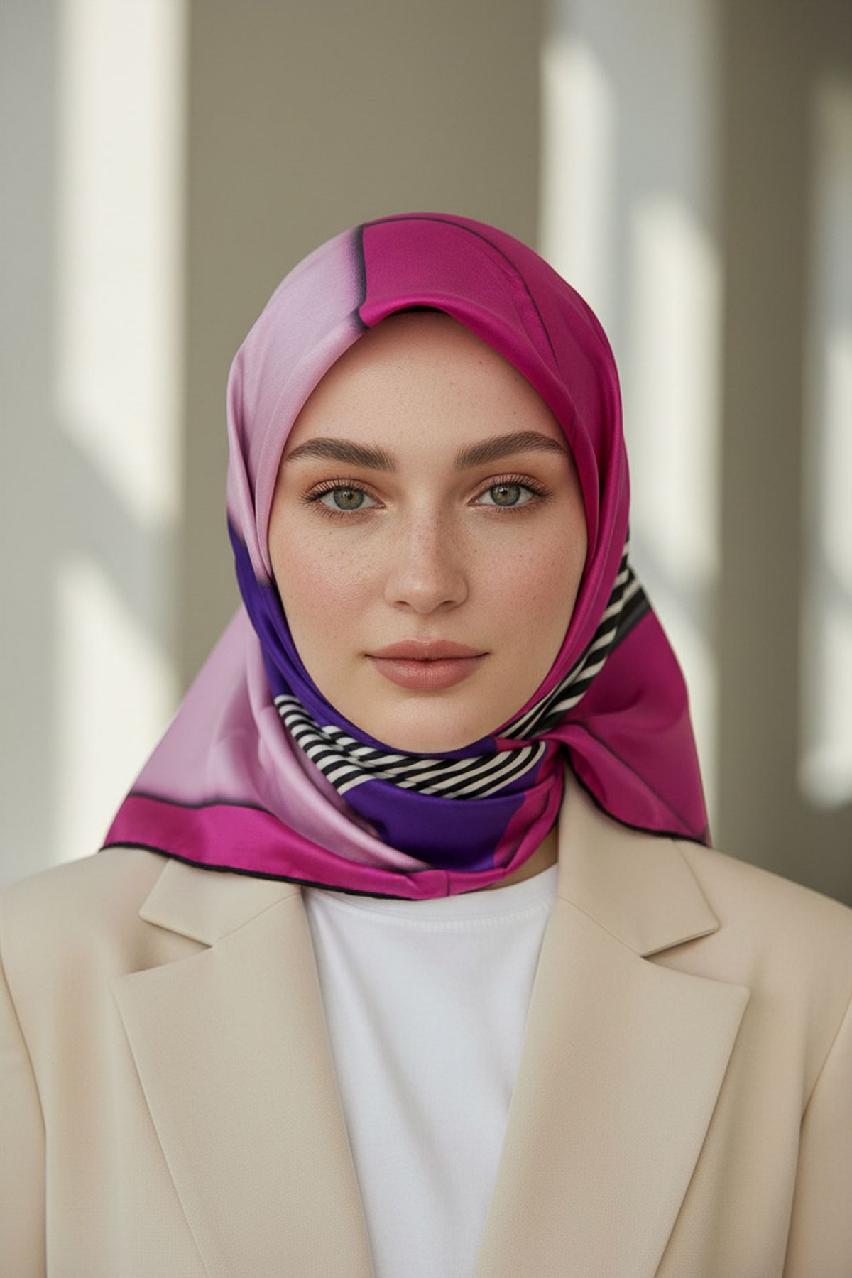 %100 Twill İpek Çizgili ve Geometrik Desenli Fuşya - Mor Renkli 90x90 Eşarp Dikim Şekli : El Dikişi