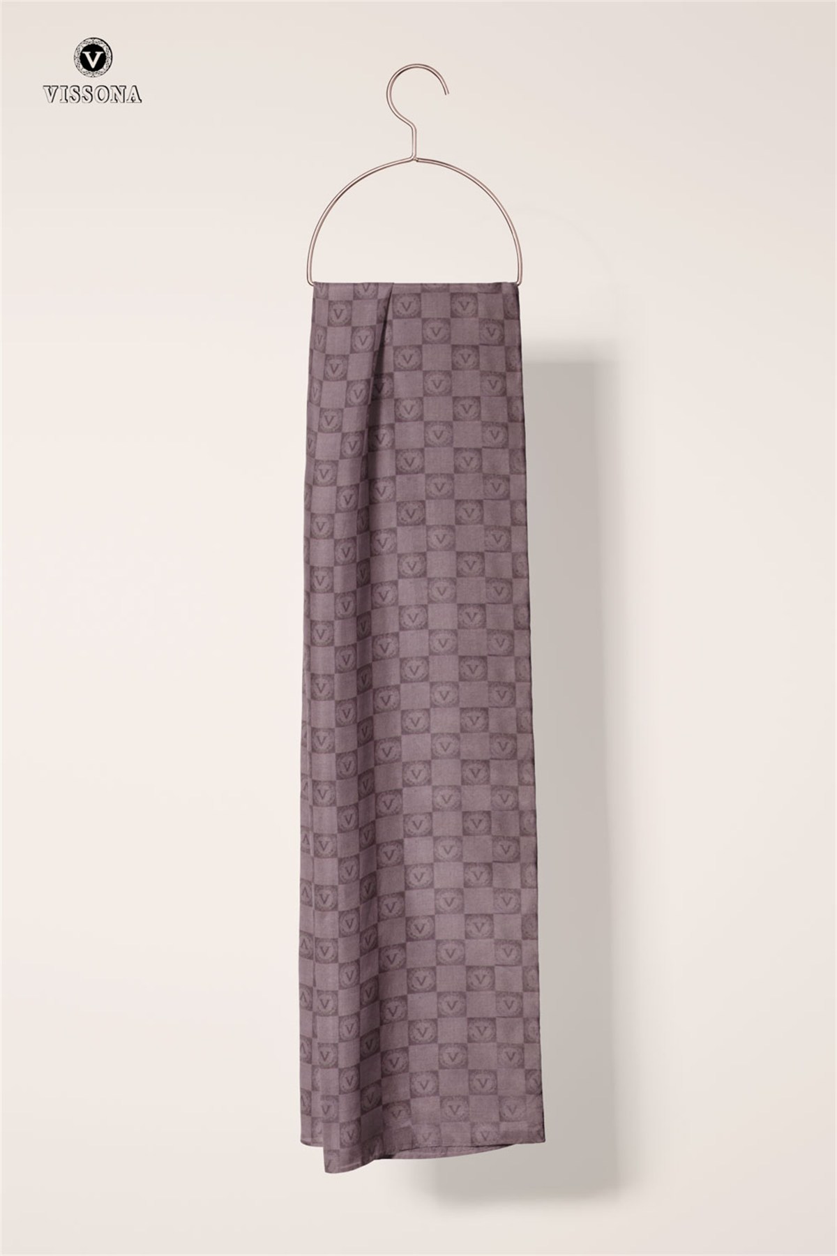 Vissona %57 İPEK %43 PAMUK Monogram Desenli Gül Kurusu Renkli Şal -  70x190 Dikiş Tipi İtalyan Dikişli