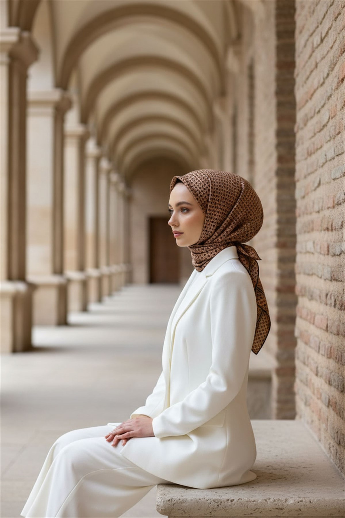 %100 Twill İpek Zincir Desenli Bakır - Siyah Renkli 90x90 Eşarp Dikim Şekli : El Dikişi