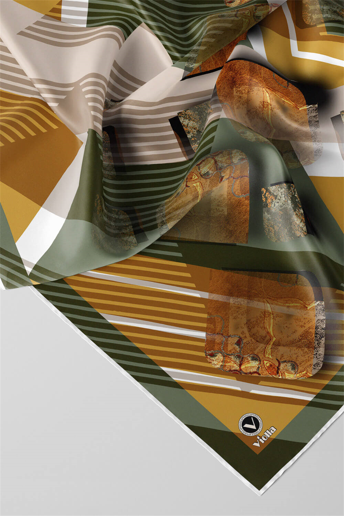 Twill Çizgili ve Geometrik Desenli Haki Renkli 90x90 Eşarp (İpek İçermez) Kenar Dikiş Şekli El Dikişli