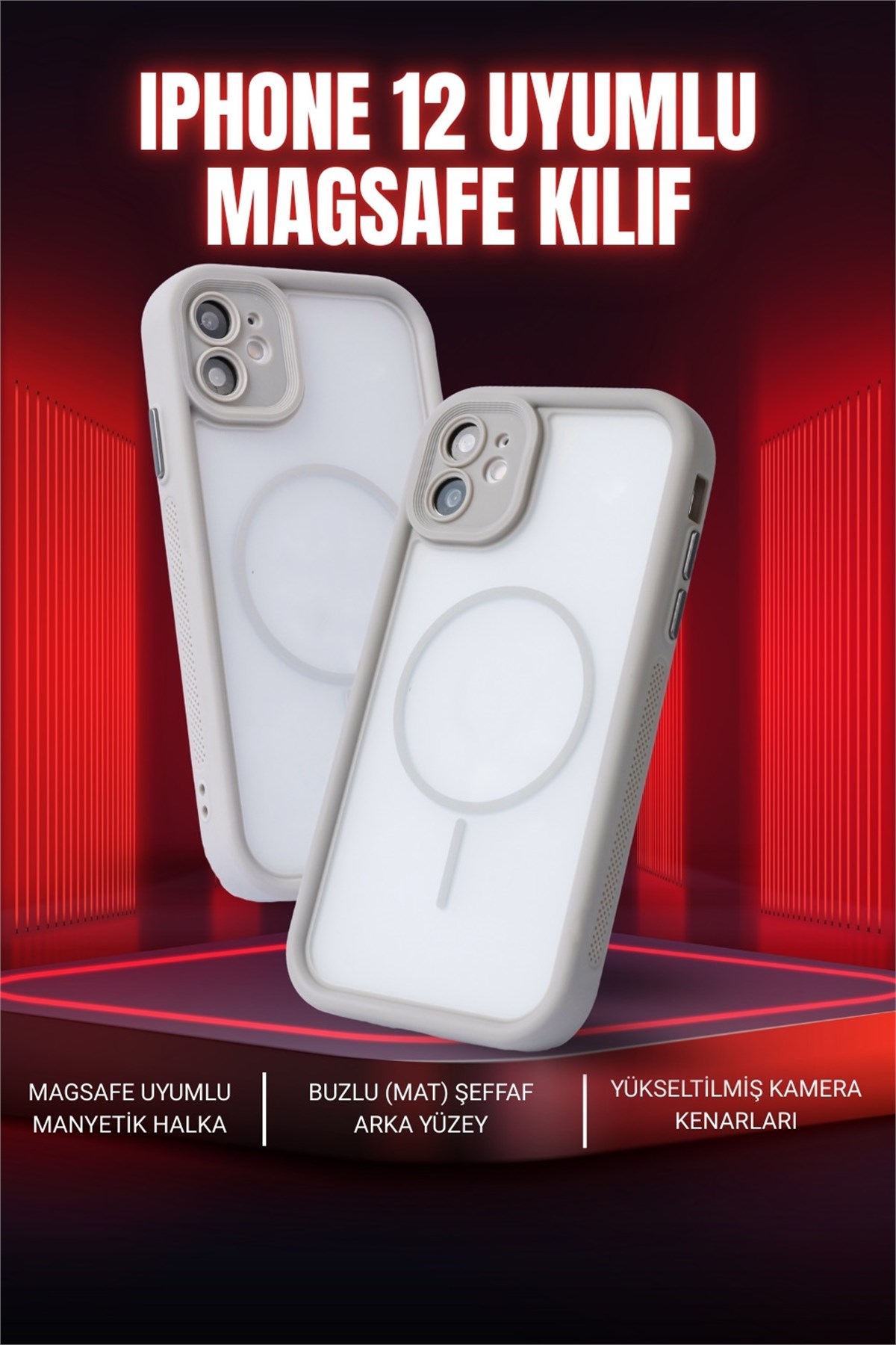 iPhone 12 Kılıf – Kamera Korumalı – MagSafe Uyumlu – Gri Renk – Mat Silikon Telefon Kılıfı