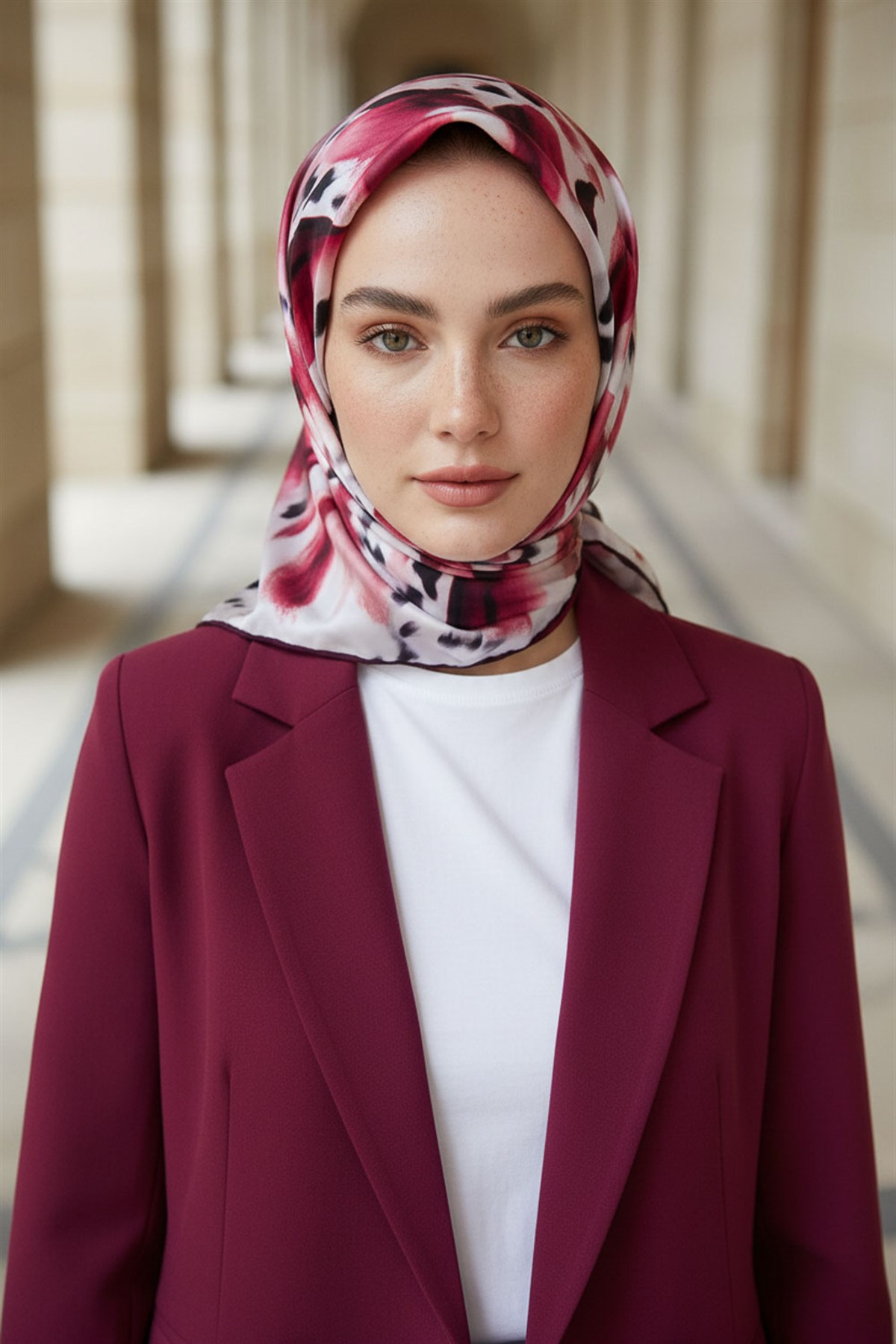 %100 Twill İpek Batik Desenli Bordo - Gri Renkli 90x90 Eşarp Dikim Şekli : El Dikişi