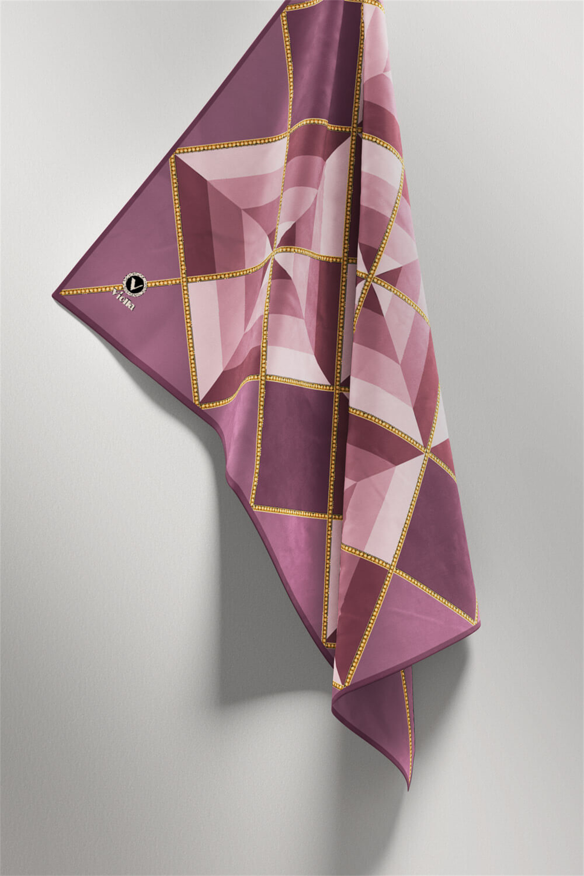 Twill Geometrik Desenli Lila Renkli 90x90 Eşarp (İpek İçermez) Kenar Dikiş Şekli El Dikişli