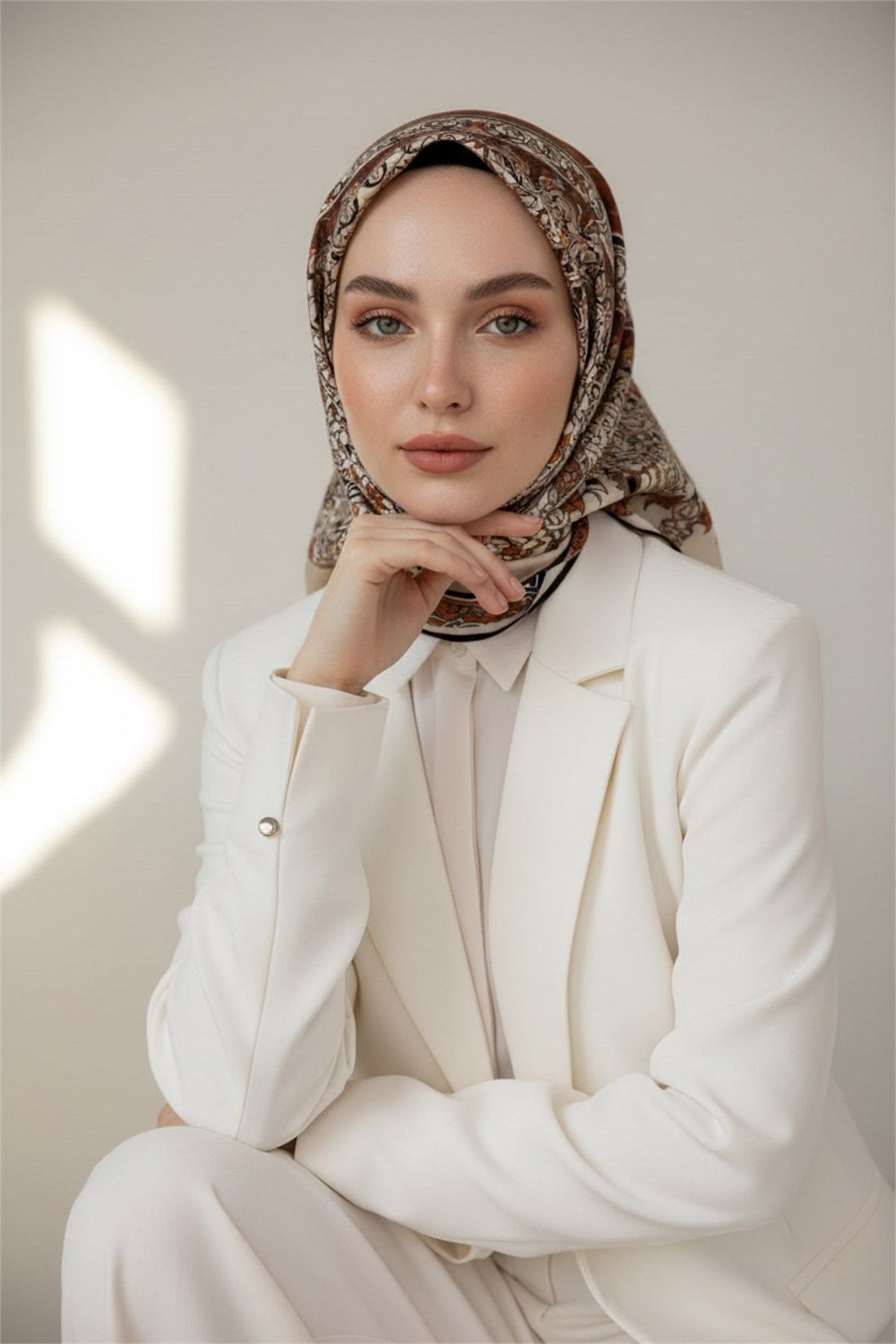 %100 Twill İpek Şal Desenli Taba Renkli 90x90 Eşarp Dikim Şekli : El Dikişi