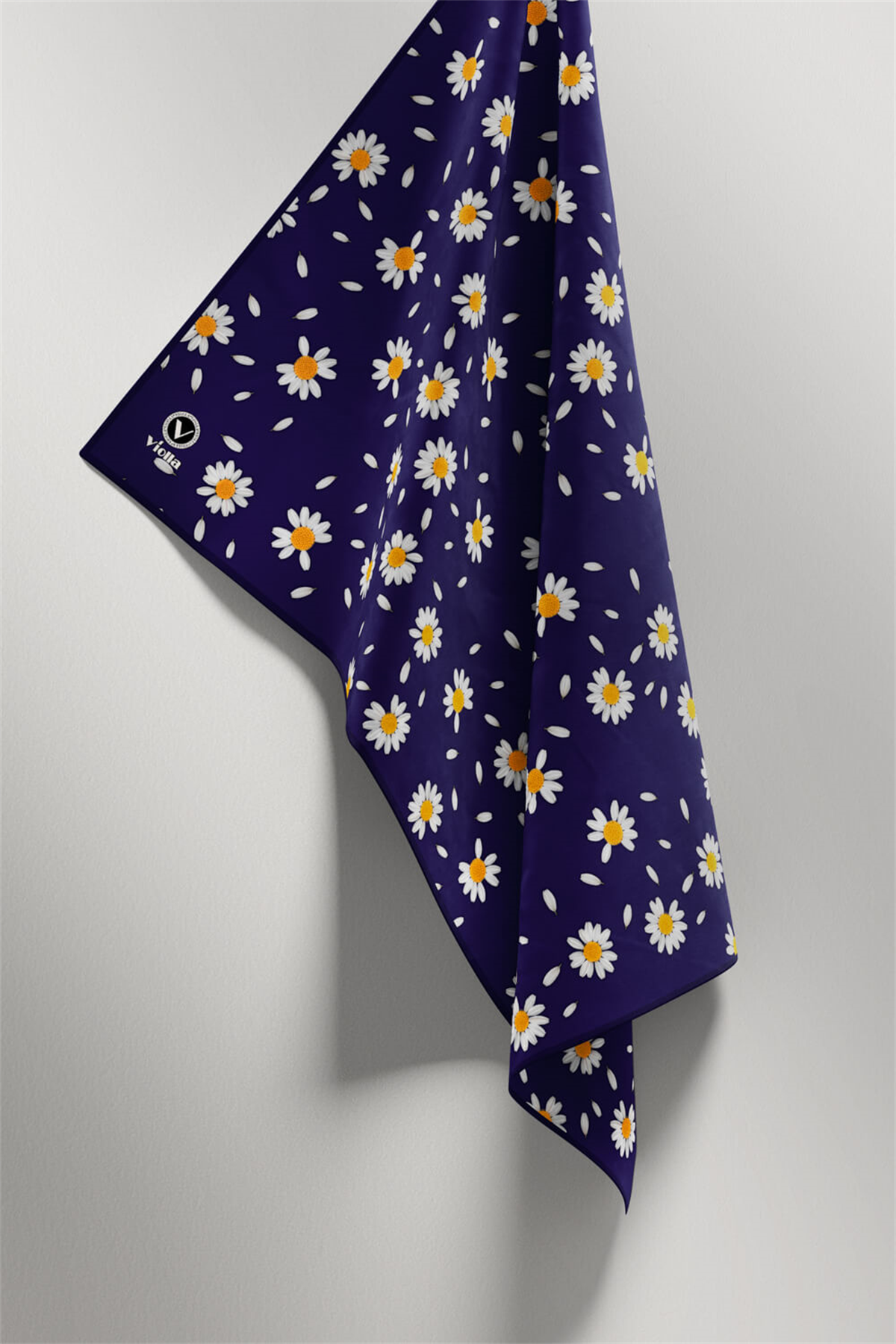 Twill Papatya Desenli Lacivert Renkli 90x90 Eşarp (İpek İçermez) Kenar Dikiş Şekli El Dikişli