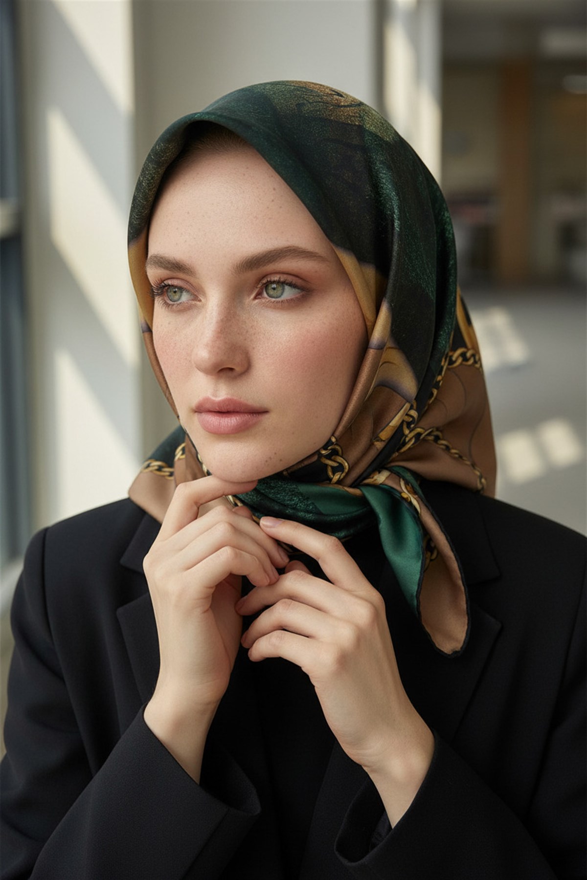 % 57 İPEK % 43 VİSKON Twill İpek Taş Efekti Desenli Petrol Yeşili - Siyah Renkli 90x90 Eşarp Dikim Şekli : El Dikişi