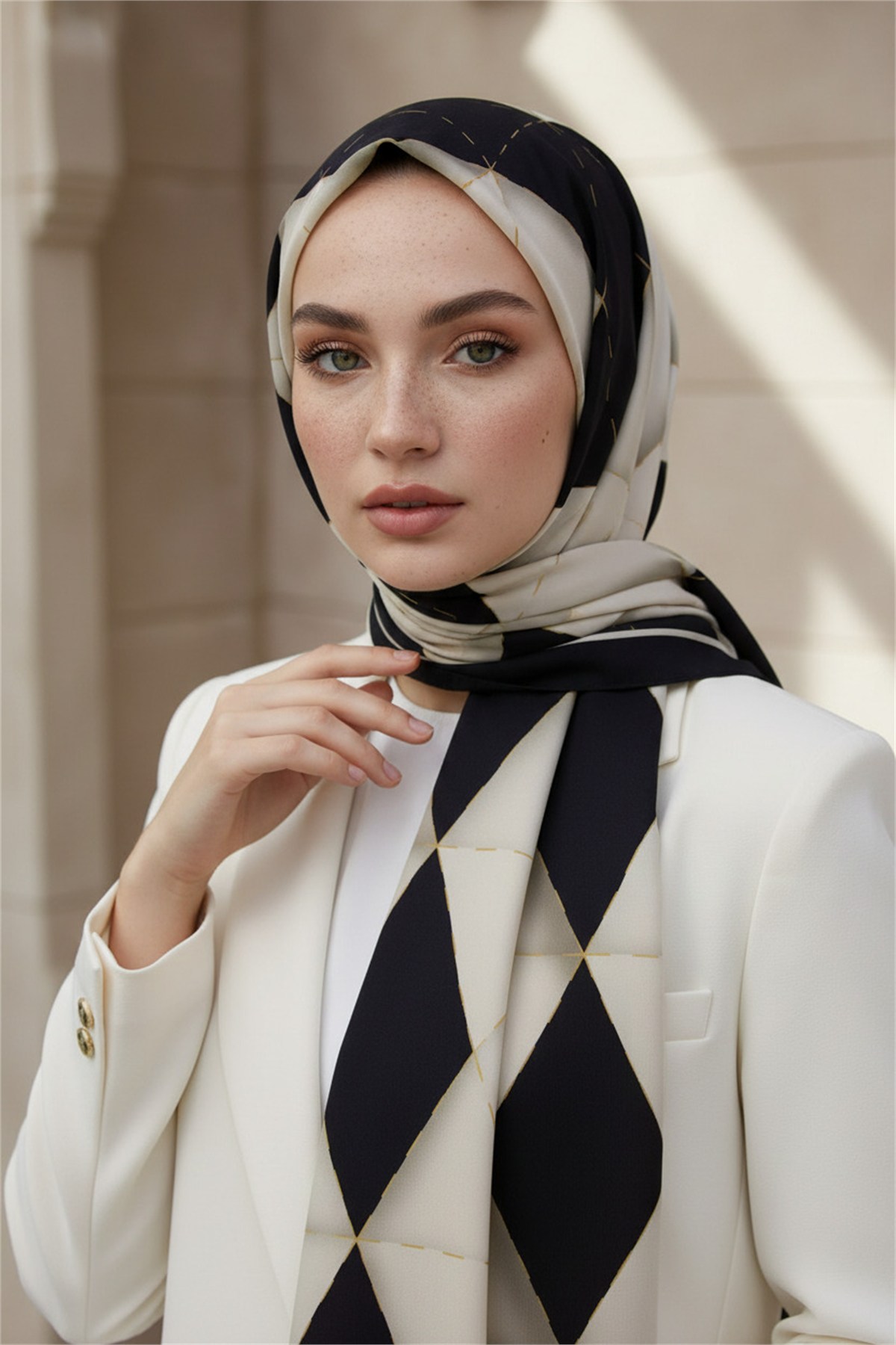 KREP ÜÇGEN YAMA DESENLİ SİYAH RENKLİ 75X195 KIRIŞMAZ ŞAL