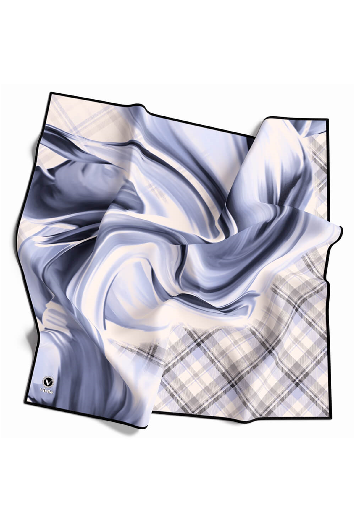 Twill Dalga ve Ekose Desenli İndigo Renkli 90x90 Eşarp (İpek İçermez)Kenar Dikiş Şekli El Dikişli