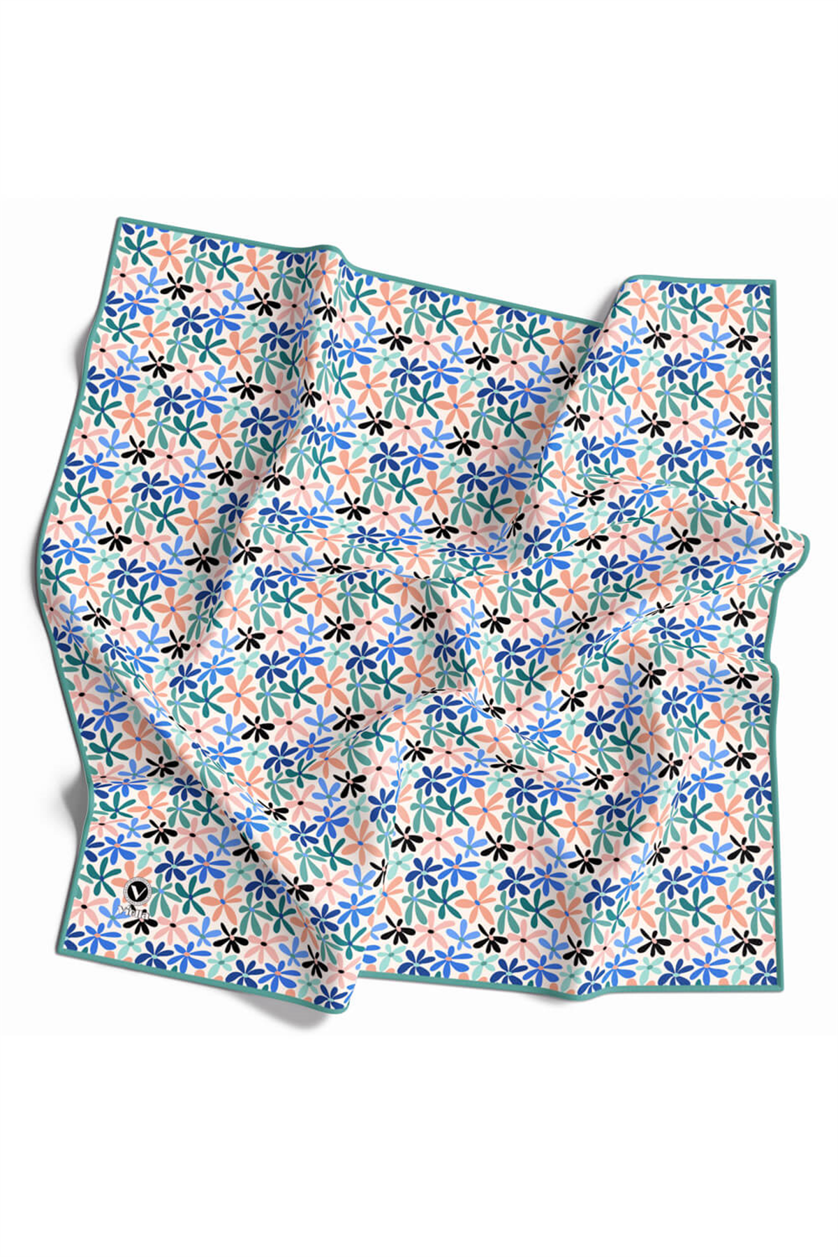 Twill Renkli Çiçek Desenli Buz Mavisi Renkli 90x90 Eşarp (İpek İçermez) Kenar Dikiş Şekli El Dikişli