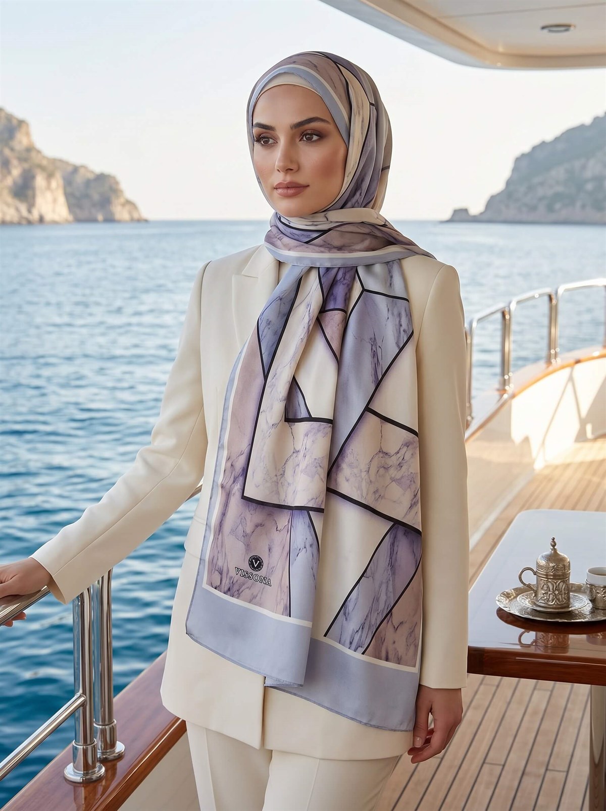 %100 Saf İpek Şal İnce Saten Vual Dokuma Mermer Desenli Bej - Gri Renkli 90x210 Şal