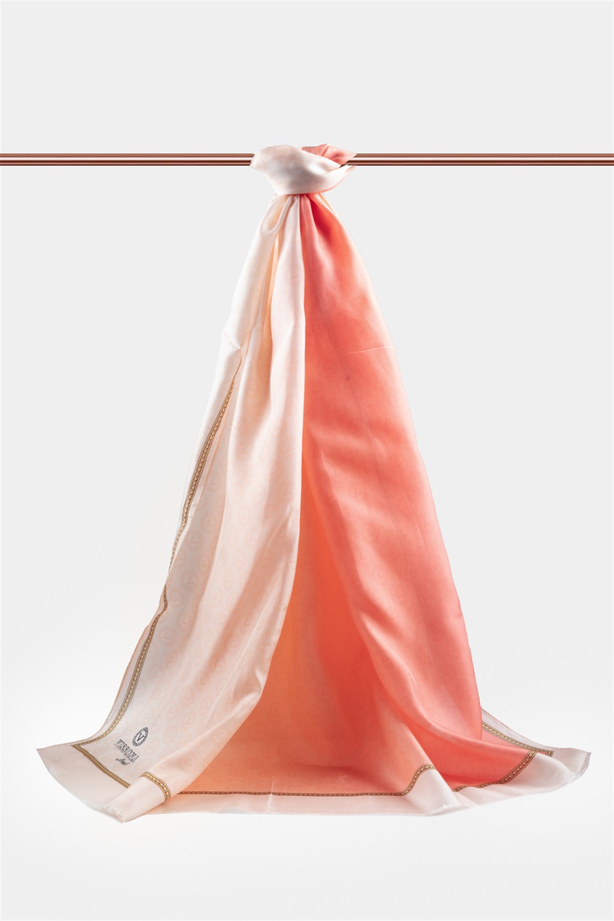 %100 İpek Degradeli Ve Monogram Desenli Somon - Gold Renkli 92x210 Şal