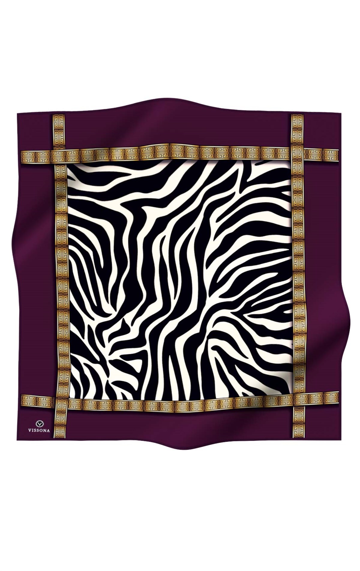 %100 Twill İpek Zebra Desenli Mürdüm - Gold Renkli 90x90 Eşarp Dikim Şekli : El Dikişi