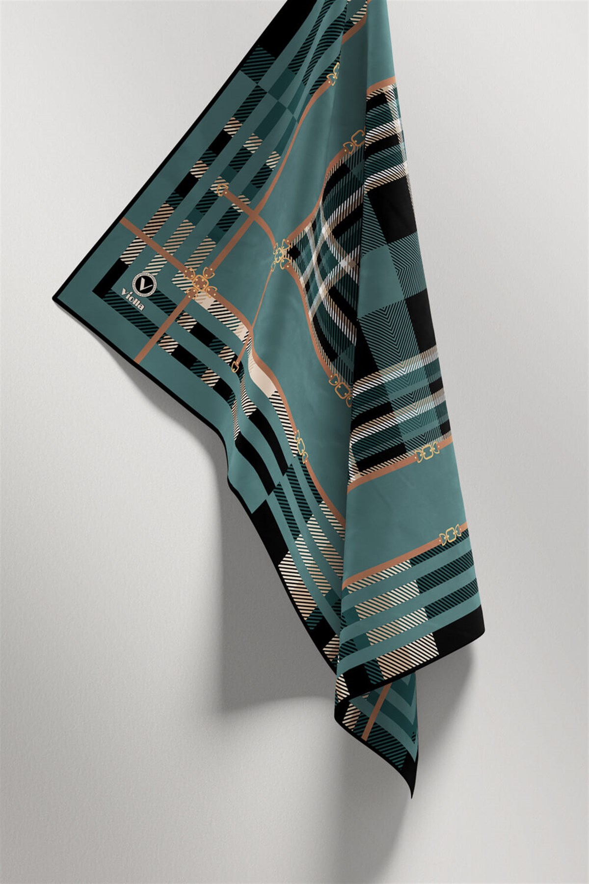 Twill Kemerli ve Ekose Desenli Petrol Mavisi Renkli 90x90 Eşarp (İpek İçermez)Kenar Dikiş Şekli El Dikişli