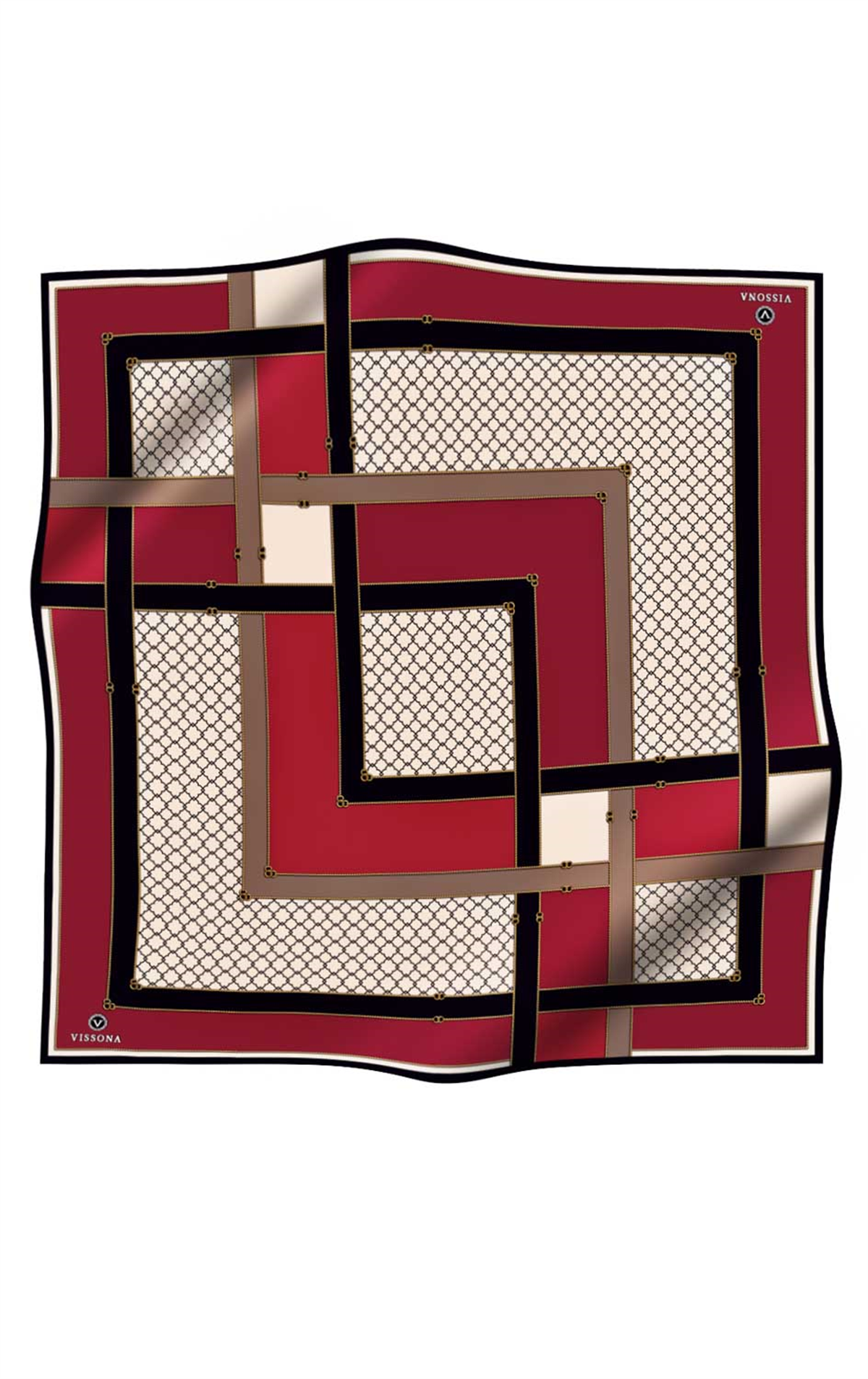 %100 Twill İpek Geometrik Desenli Bordo - Siyah Renkli 90x90 Eşarp Dikim Şekli : El Dikişi