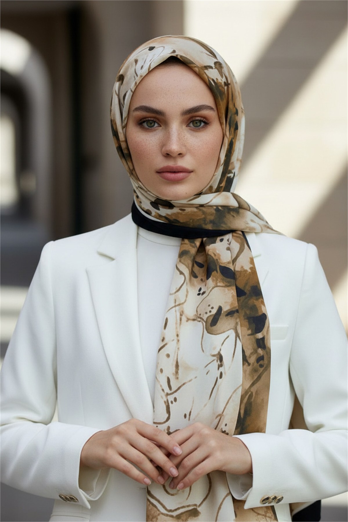 KREP SULU BOYA YAPRAK DESENLİ BEJ RENKLİ 75X195 KIRIŞMAZ ŞAL