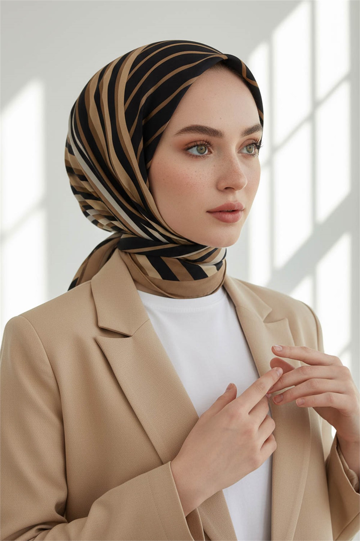 KREP ÇİZGİ DESENLİ BEJ RENKLİ 75X195 KIRIŞMAZ ŞAL