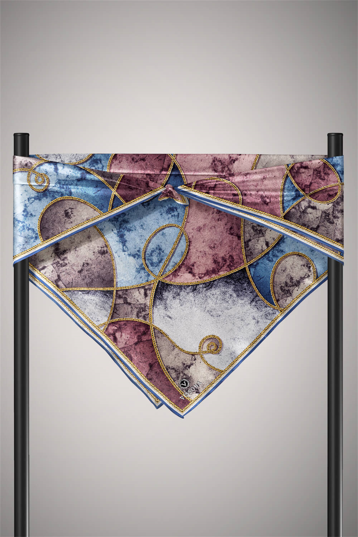 % 57 İPEK % 43 VİSKON Twill İpek Zincirli Mermer Desenli Bebe Mavisi - Pudra Renkli 90x90 Eşarp Dikim Şekli : El Dikişi