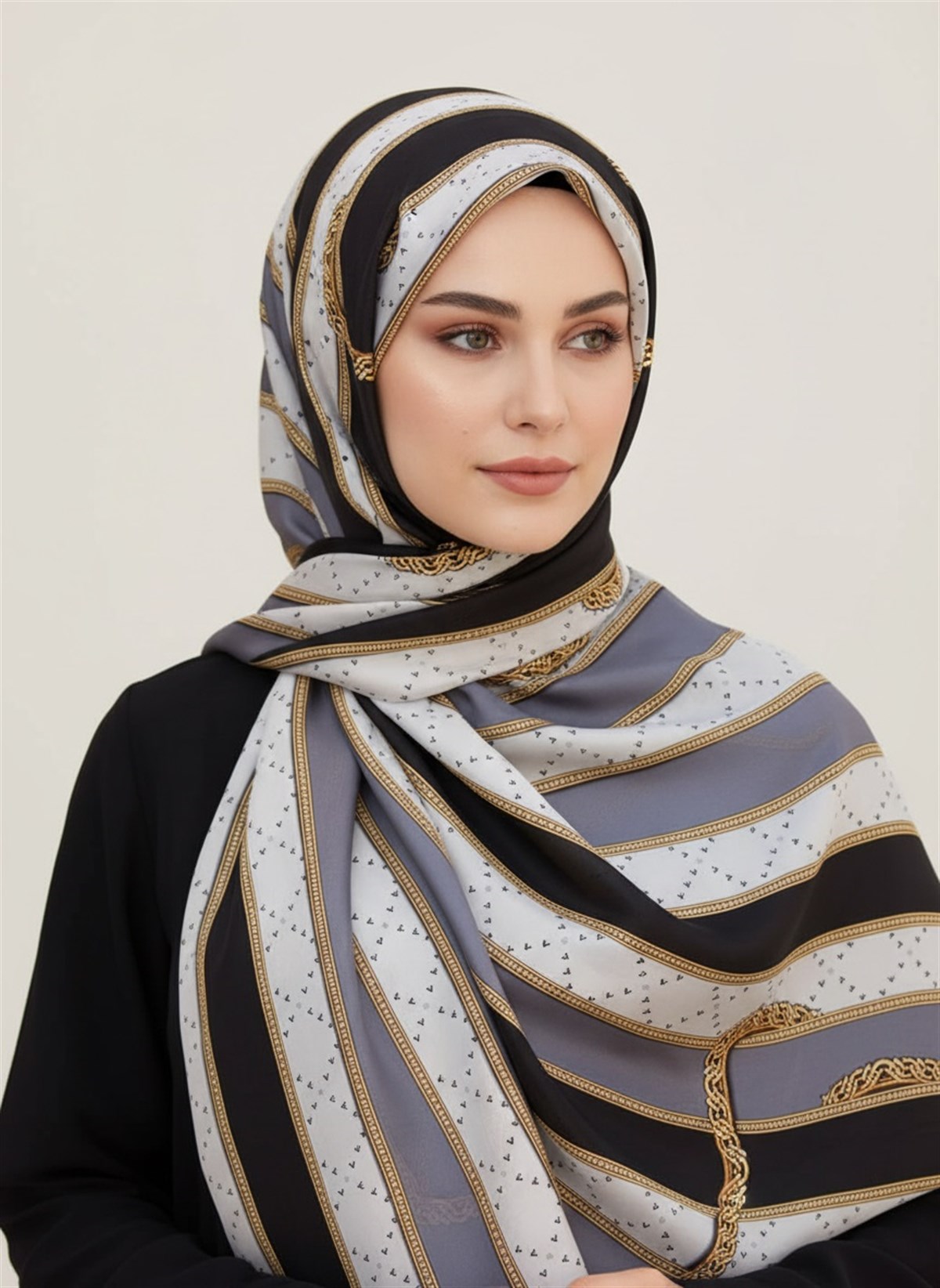 100% İPEK KEMER DESENLİ FÜME - SİYAH RENKLİ ŞAL