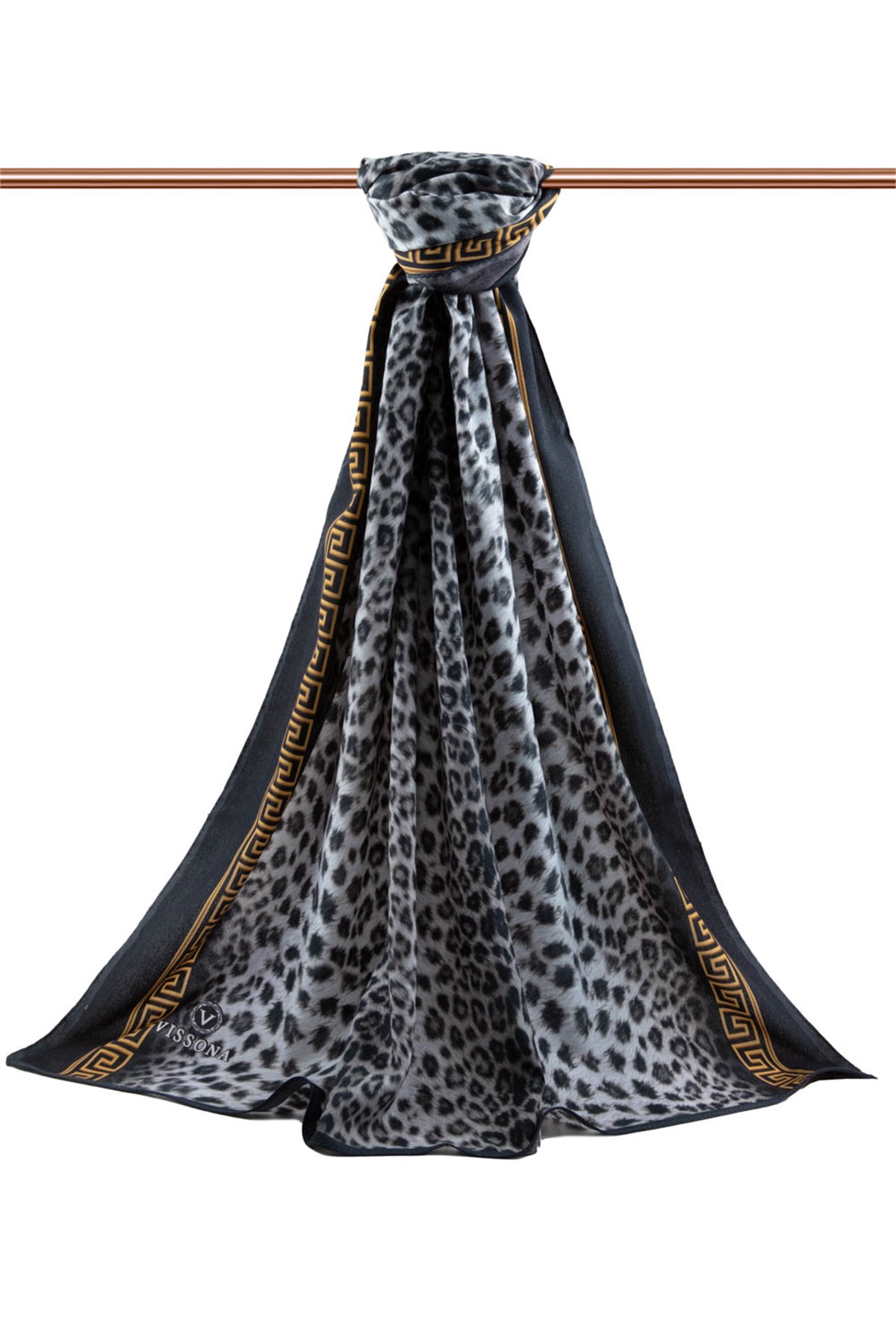 KREP BAROK BARDÜRLÜ LEOPAR DESENLİ SİYAH - GRİ RENKLİ 75X195 KIRIŞMAZ ŞAL