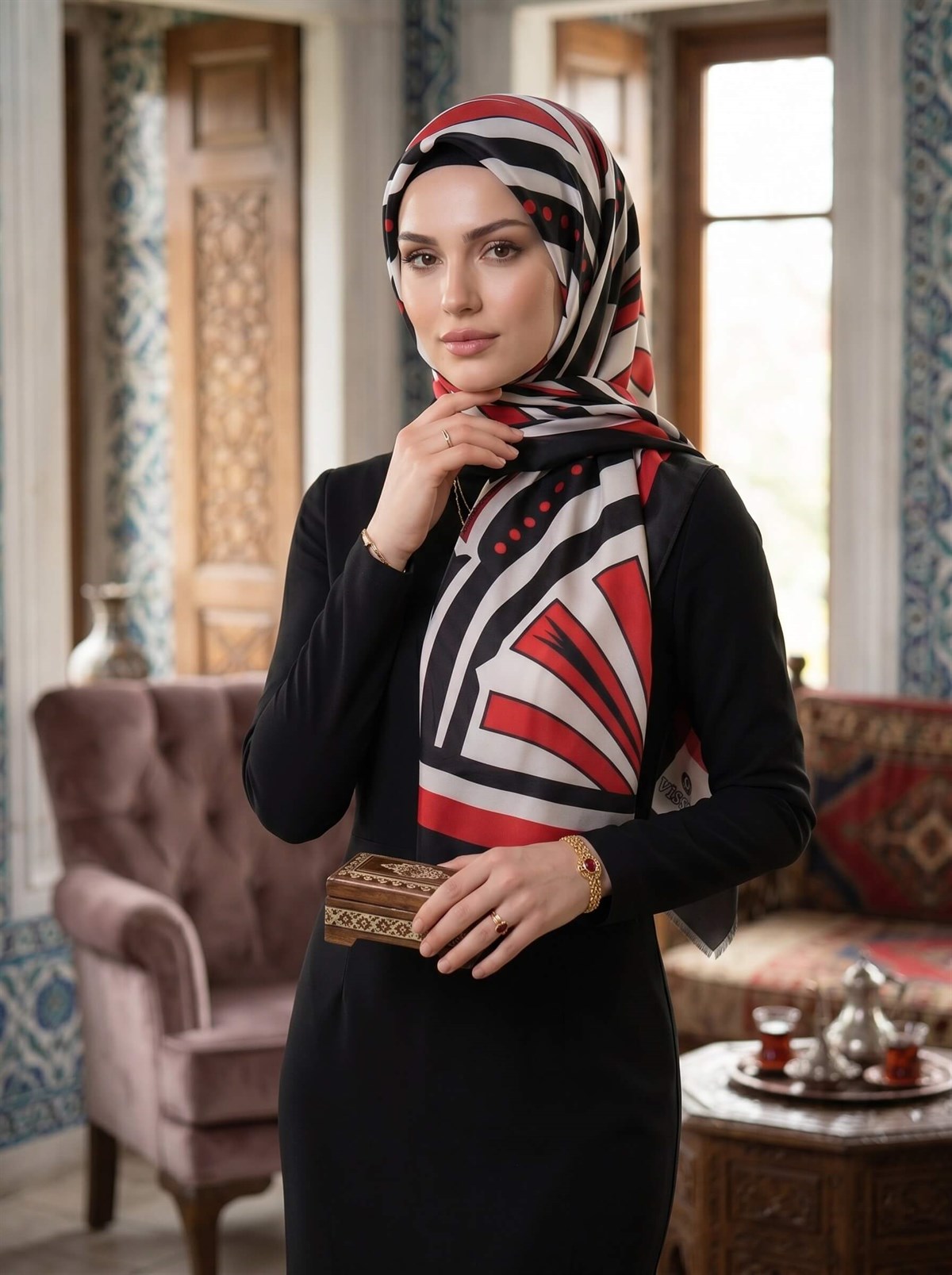 %100 Saf İpek Şal İnce Saten Vual Dokuma Yelpaze Desenli Kırmızı - Siyah Renkli 90x210 Şal