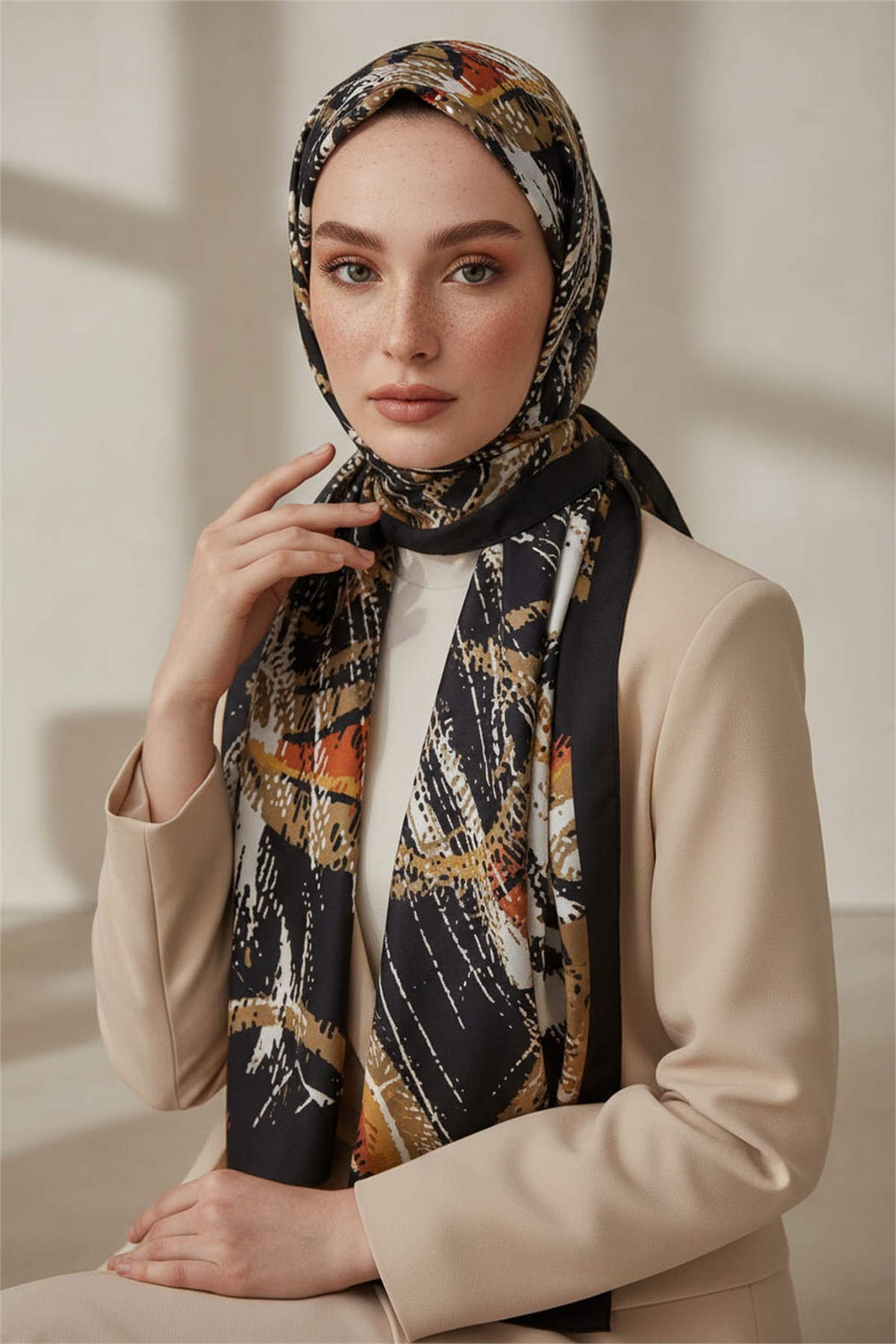 KREP DEGRADELİ ÇİZGİ DESENLİ TABA RENKLİ 75X195 KIRIŞMAZ ŞAL
