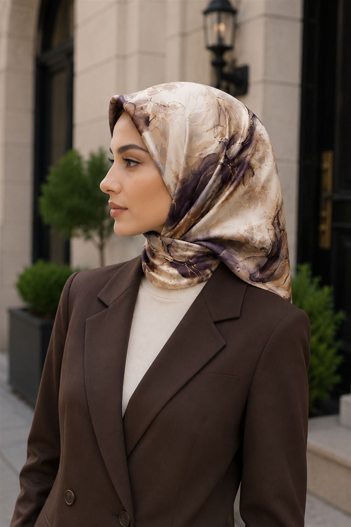 %100 Twill İpek Çiçekli Sulu Boya Dalga Desenli Bej - Hardal Renkli 90x90 Eşarp Dikim Şekli : El Dikişi