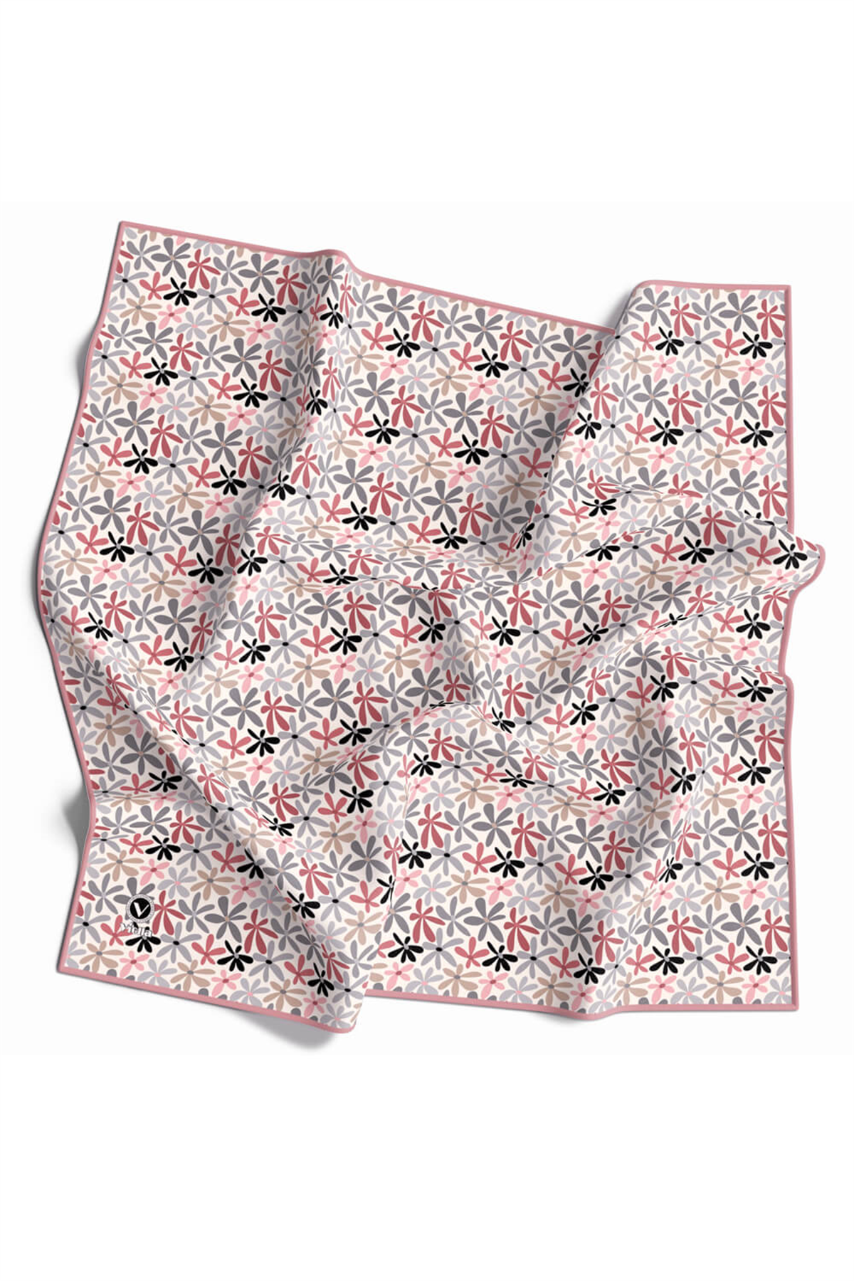 Twill Renkli Çiçek Desenli Pudra Renkli 90x90 Eşarp (İpek İçermez) Kenar Dikiş Şekli El Dikişli