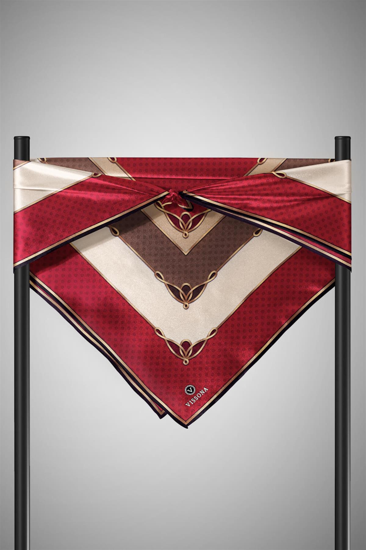 %100 Twill İpek Puantiyeli ve Geometrik Desenli Bordo - Vizon Renkli 90x90 Eşarp Dikim Şekli : El Dikişi