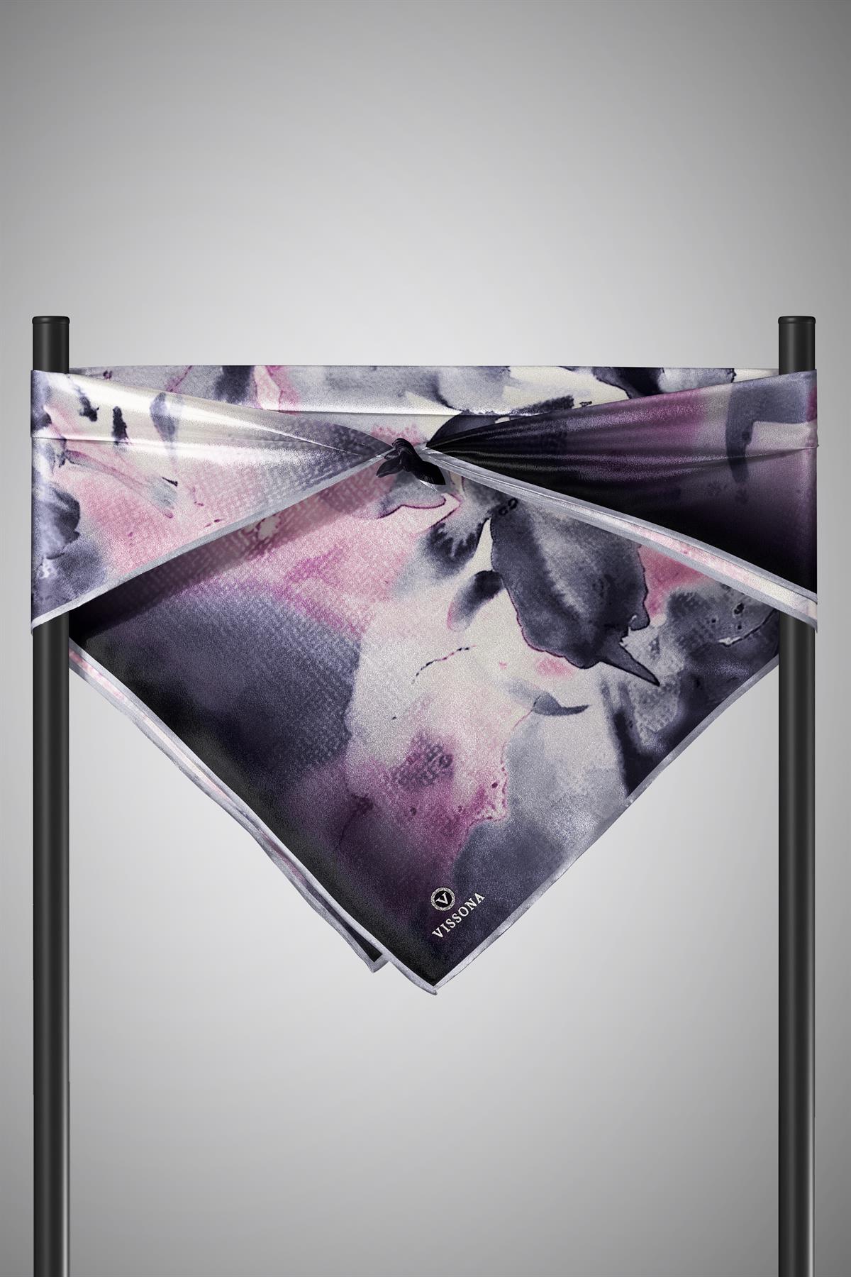 %100 Twill İpek Suluboya Çiçek Desenli Gri - Pembe Renkli 90x90 Eşarp Dikim Şekli : El Dikişi