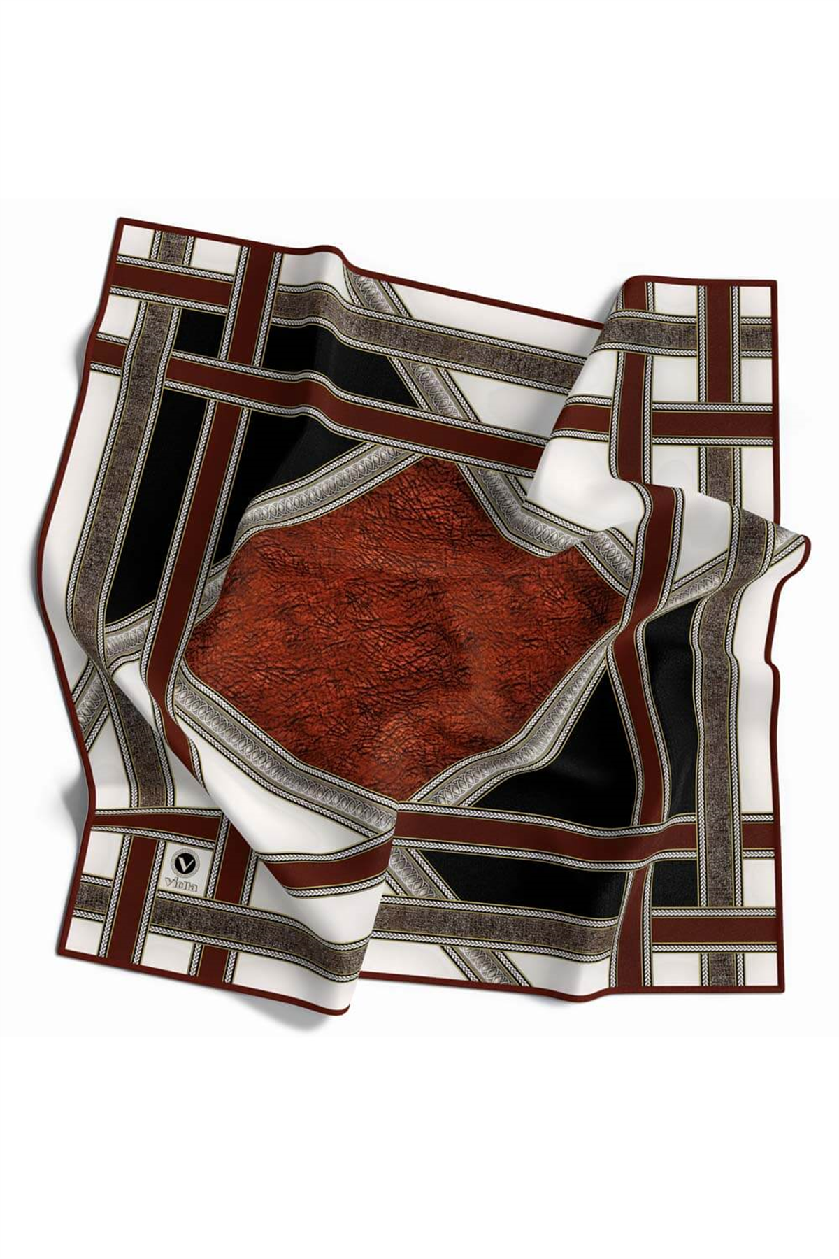 Twill Bordür Taş Desenli Taba Renkli 90x90 Eşarp (İpek İçermez) Kenar Dikiş Şekli El Dikişli
