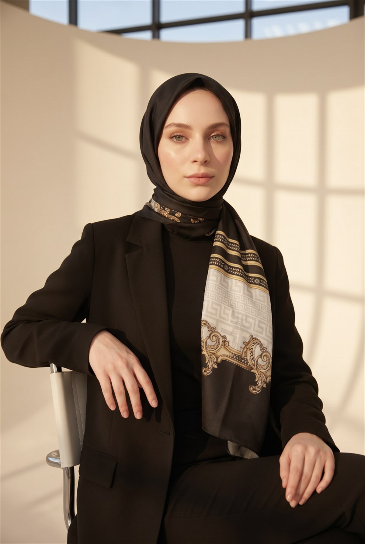 %100 Saf İpek Şal İnce Saten Vual Dokuma Barok Desenli 90x210 Şal