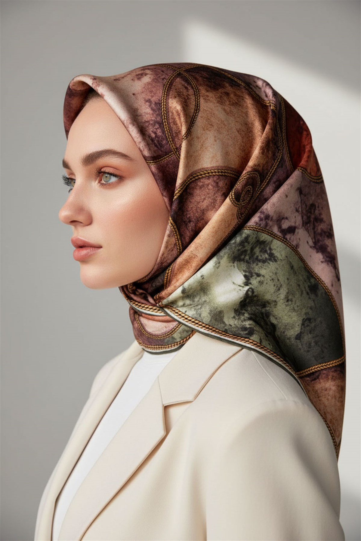 % 57 İPEK % 43 VİSKON Twill İpek Zincirli Mermer Desenli Haki - Bakır Renkli 90x90 Eşarp Dikim Şekli : El Dikişi