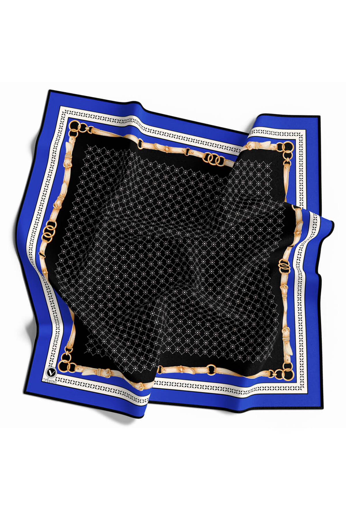 Twill Kemerli ve Çıtır Motifli Desenli Saks Renkli 90x90 Eşarp (İpek İçermez) Dikim Şekli : El Dikişi